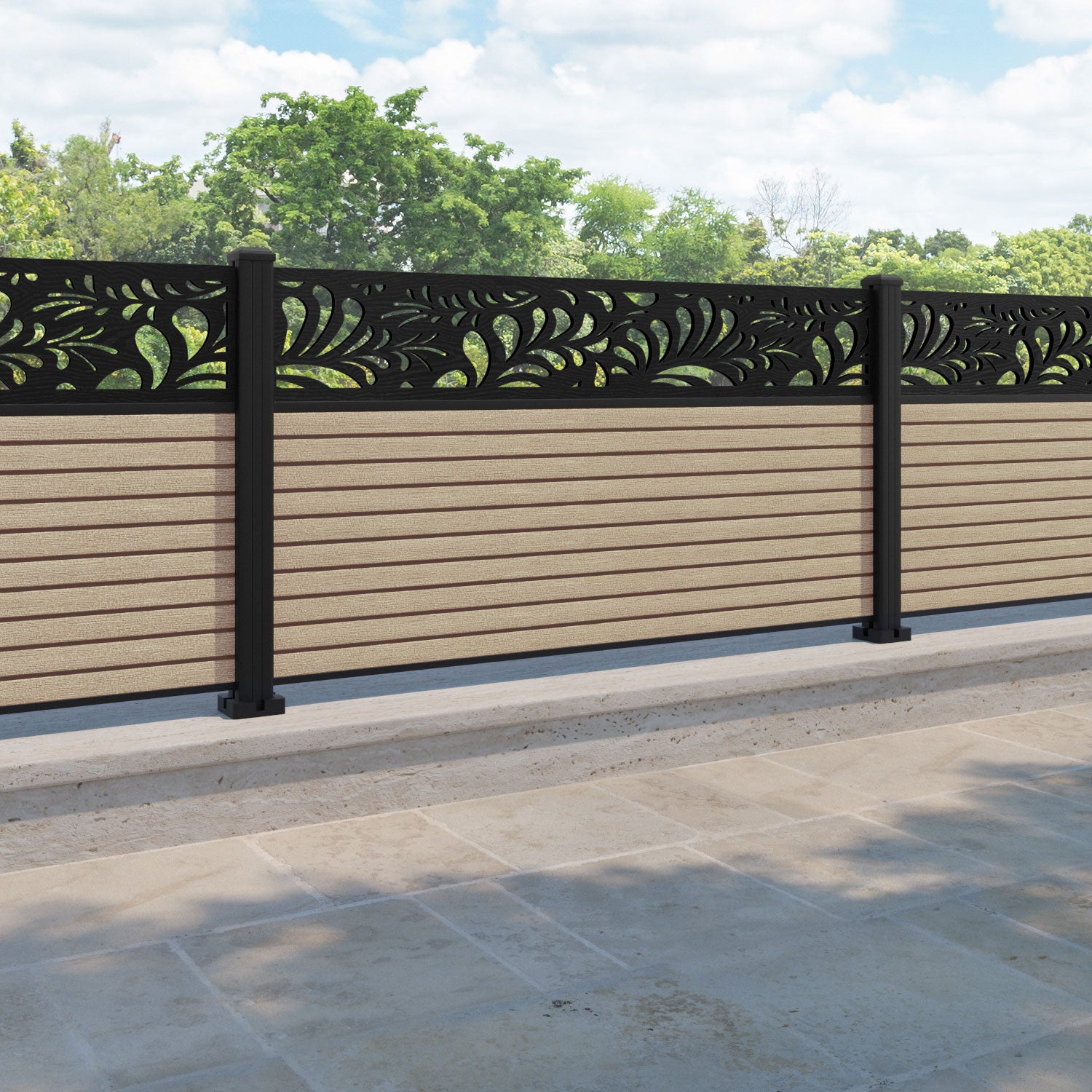 Hudson Petal Fence Panel - Light Oak - with our aluminium posts