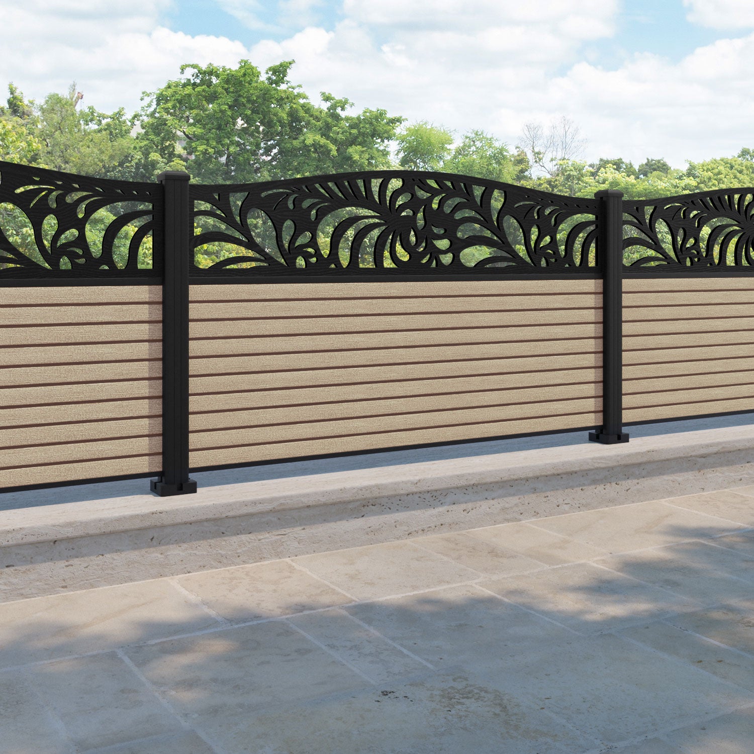 Hudson Petal Curved Top Fence Panel - Light Oak - with our aluminium posts