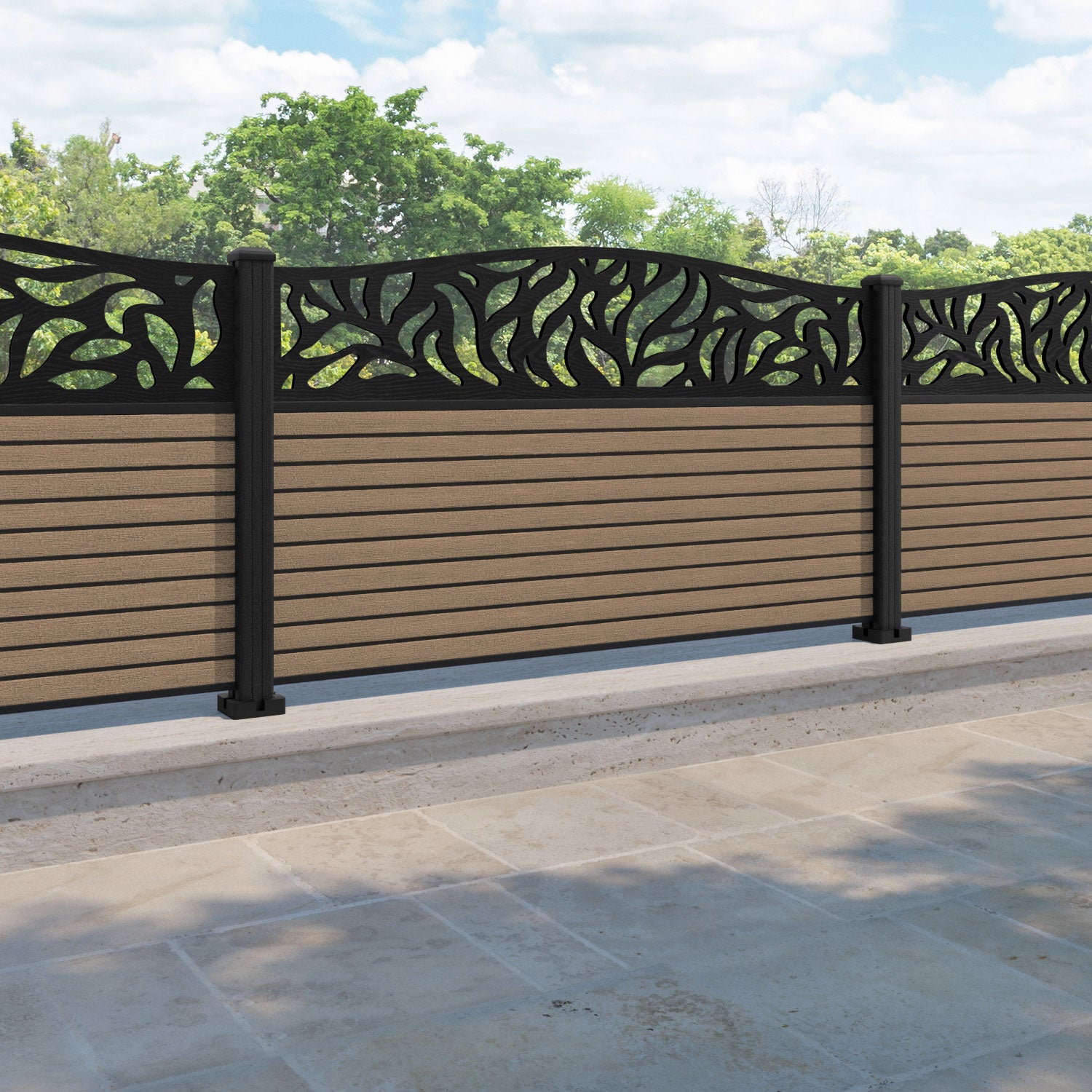 Hudson Plume Curved Top Fence Panel - Teak - with our composite posts