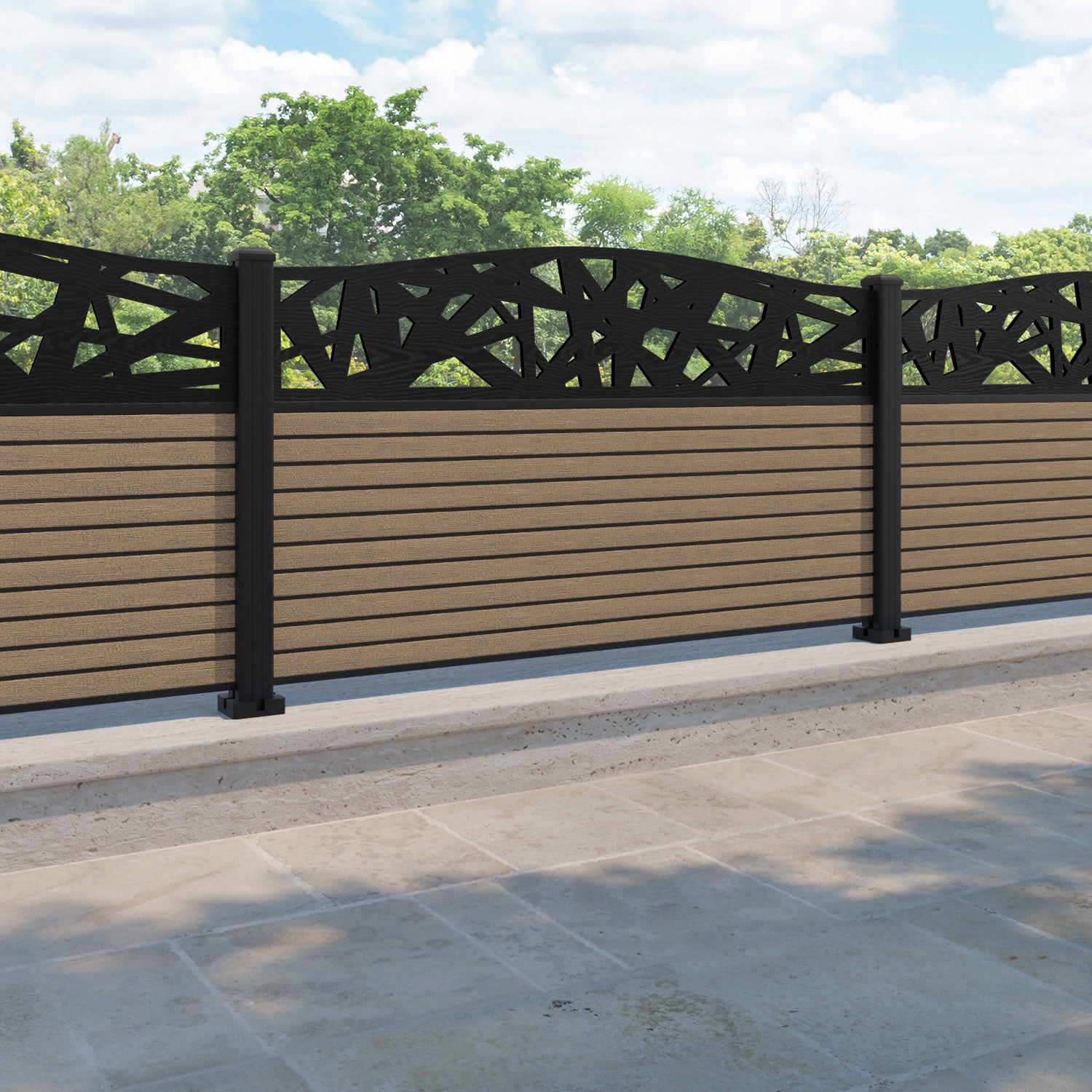 Hudson Prism Curved Top Fence Panel - Teak - with our aluminium posts