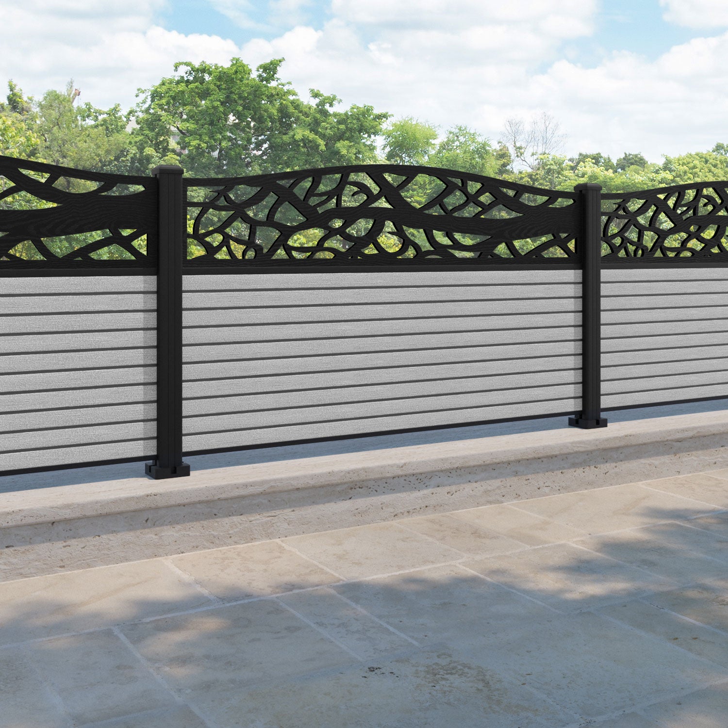 Hudson Twilight Curved Top Fence Panel - Light Grey - with our aluminium posts