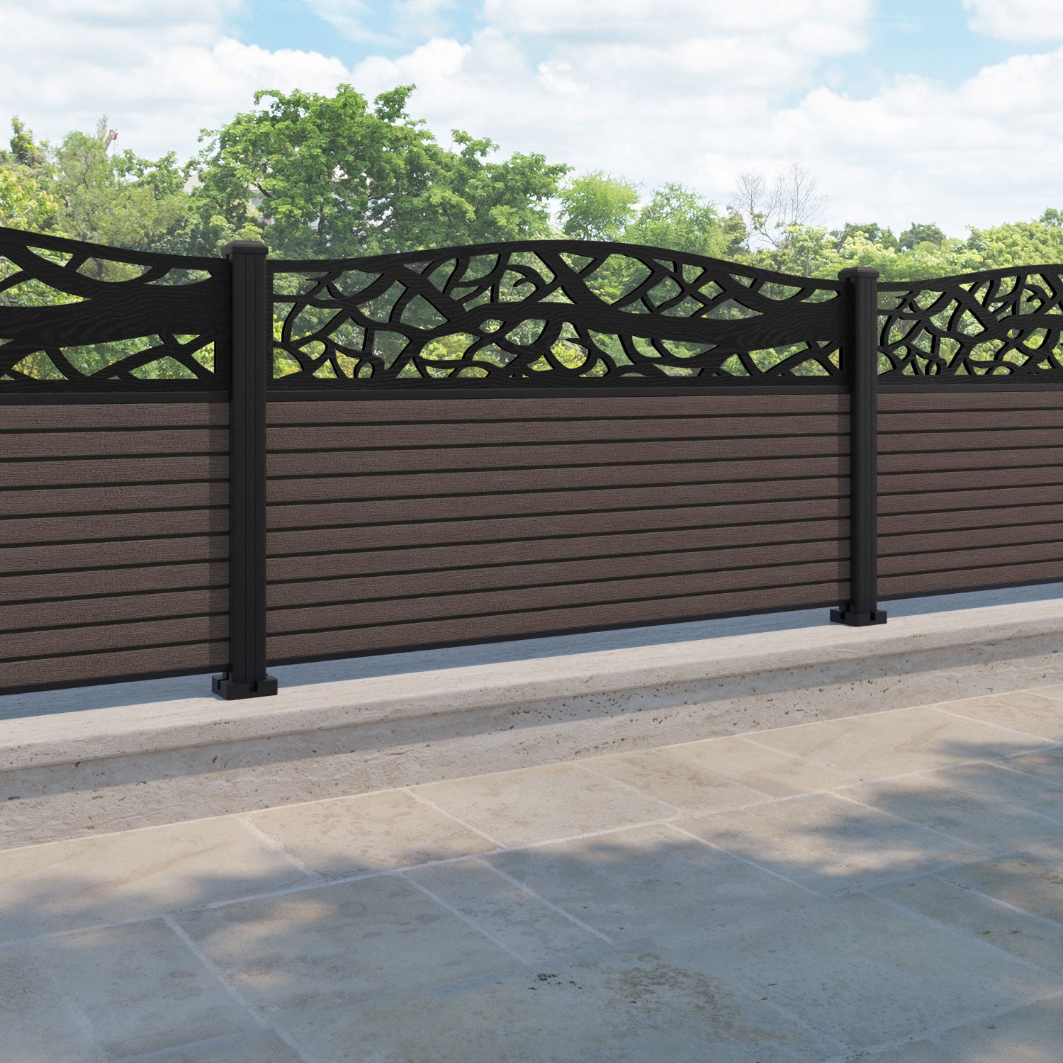 Hudson Twilight Curved Top Fence Panel - Mid Brown - with our aluminium posts