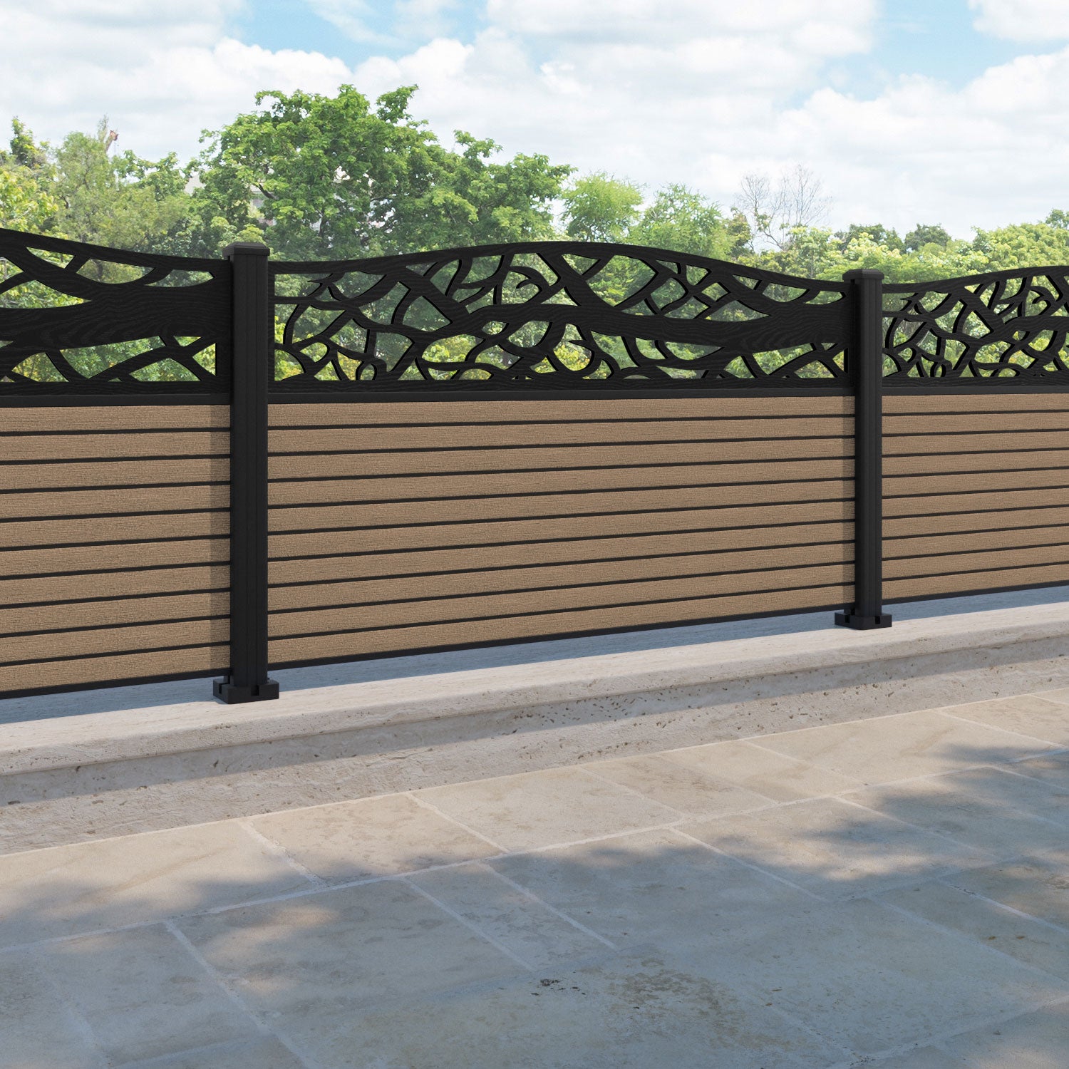 Hudson Twilight Curved Top Fence Panel - Teak - with our aluminium posts