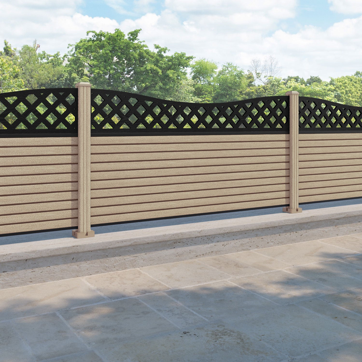 Hudson Low Wave Fence Panel - Light Oak - with our composite posts
