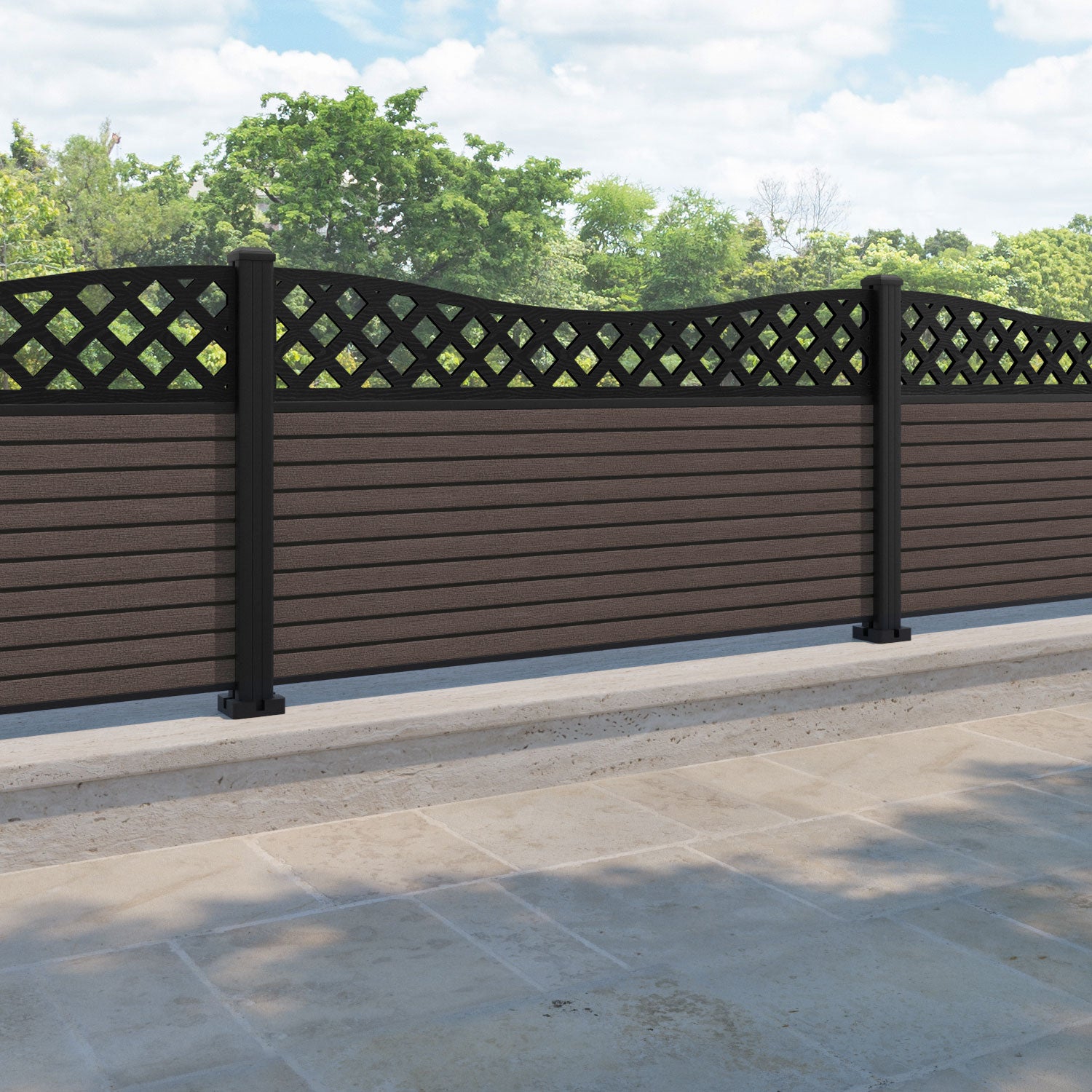 Hudson Low Wave Fence Panel - Mid Brown - with our aluminium posts