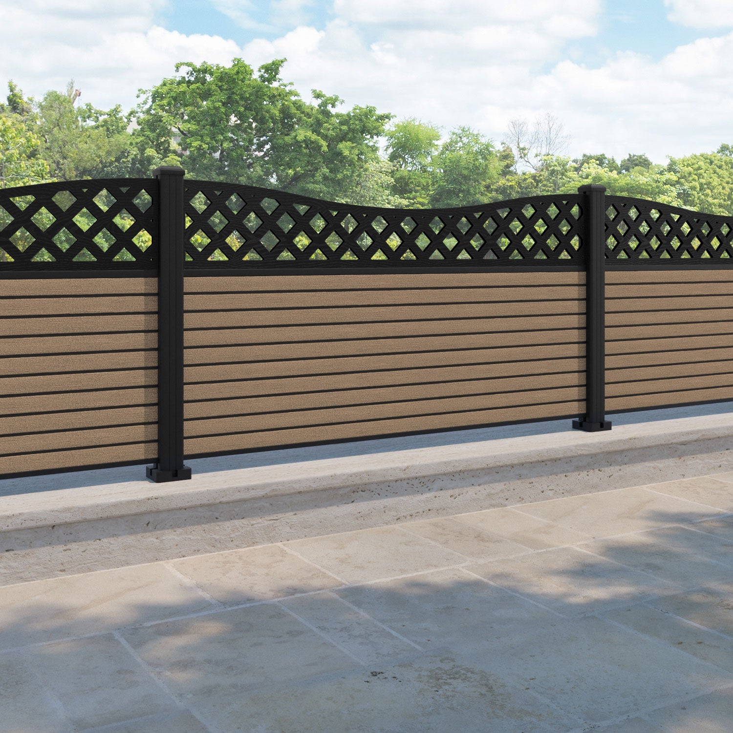 Hudson Low Wave Fence Panel - Teak - with our aluminium posts
