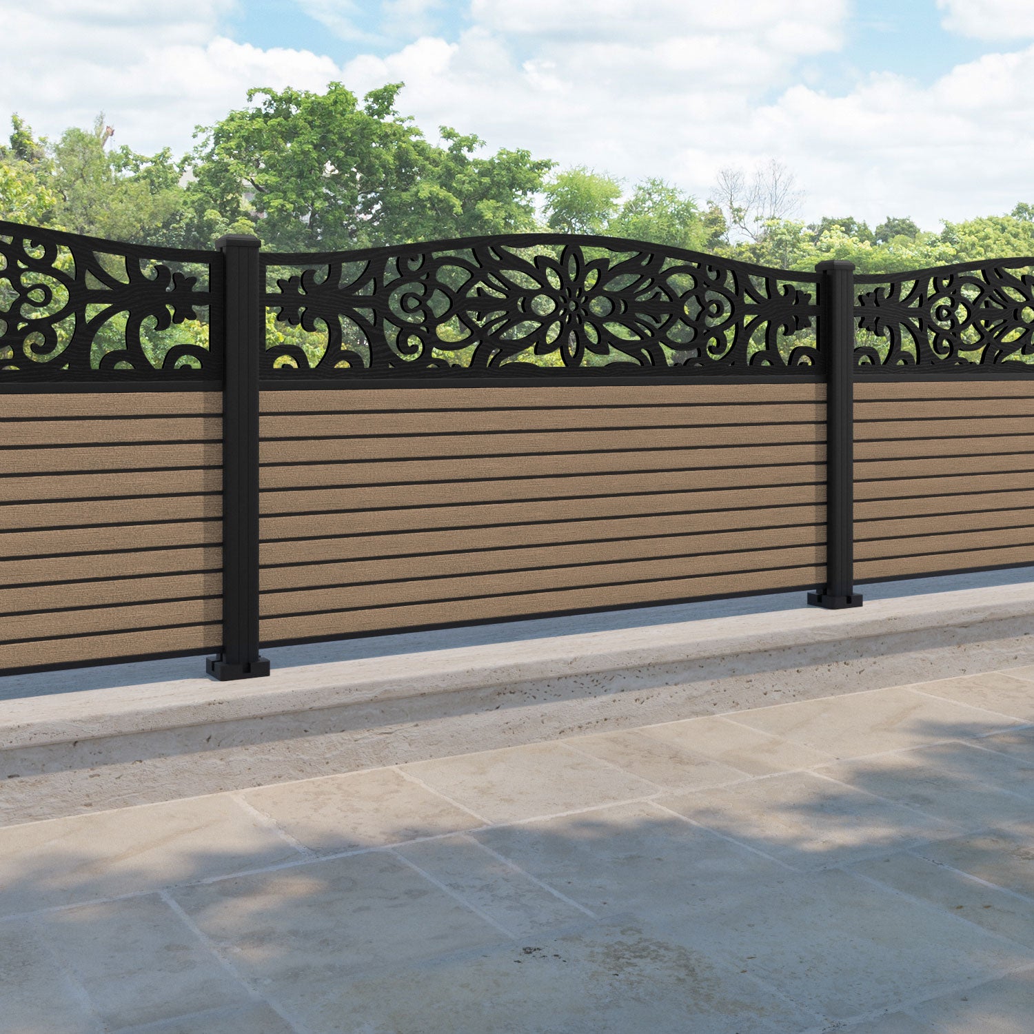 Hudson Windsor Curved Top Fence Panel - Teak - with our aluminium posts