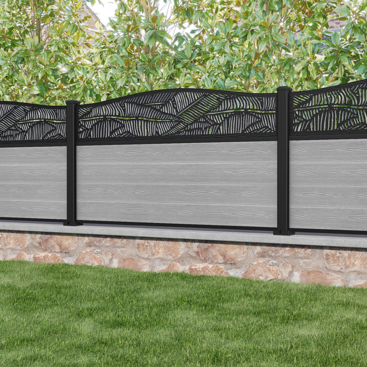 Classic Feather Curved Top Fence Panel - Light Grey - with our aluminium posts