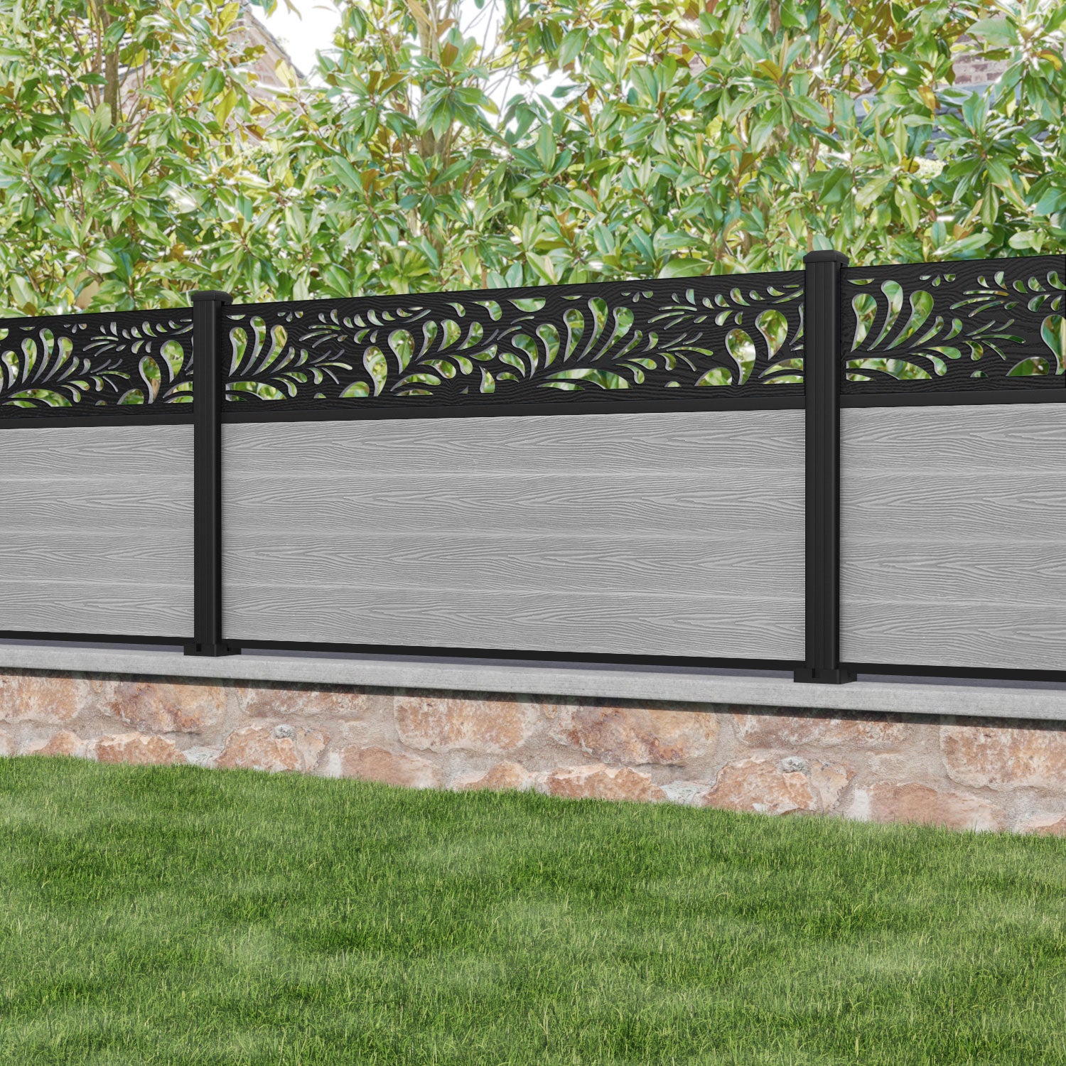 Classic Petal Fence Panel - Light Grey - with our aluminium posts