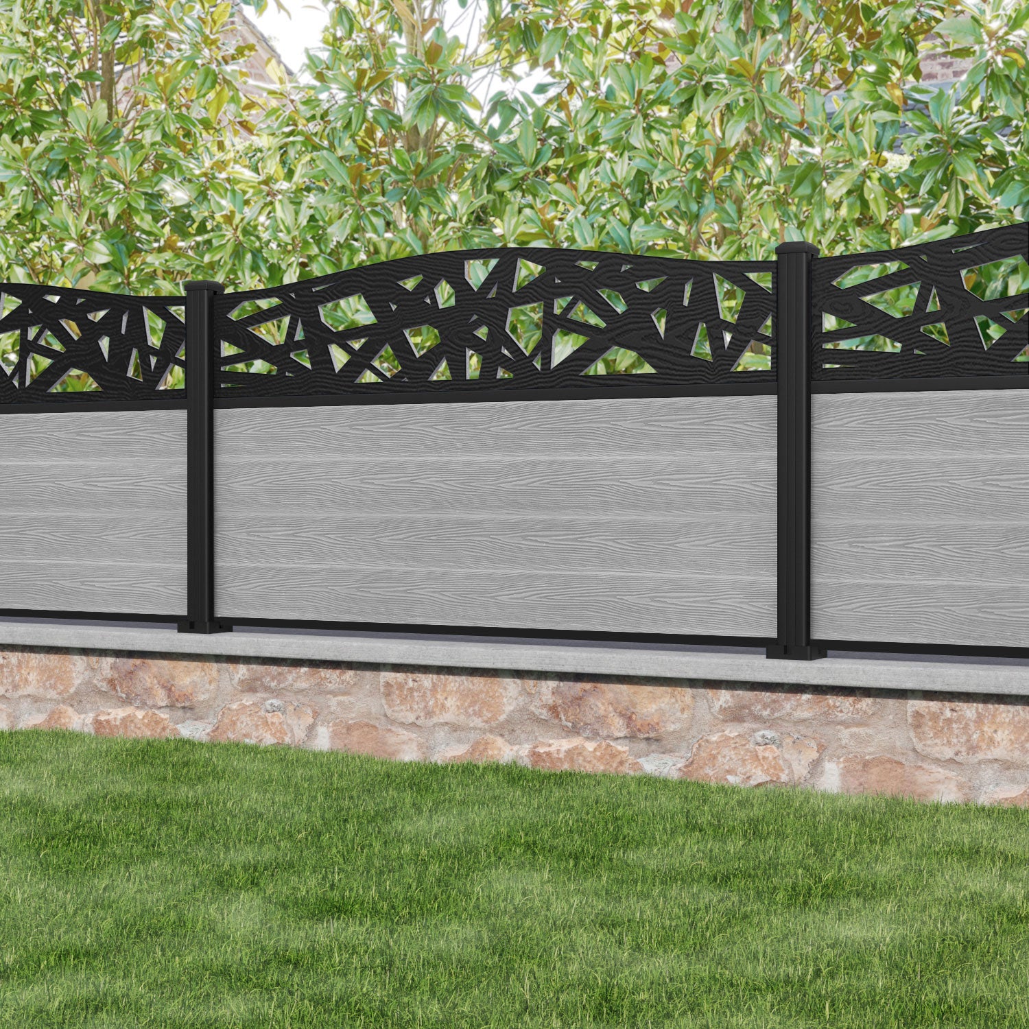 Classic Prism Curved Top Fence Panel - Light Grey - with our aluminium posts