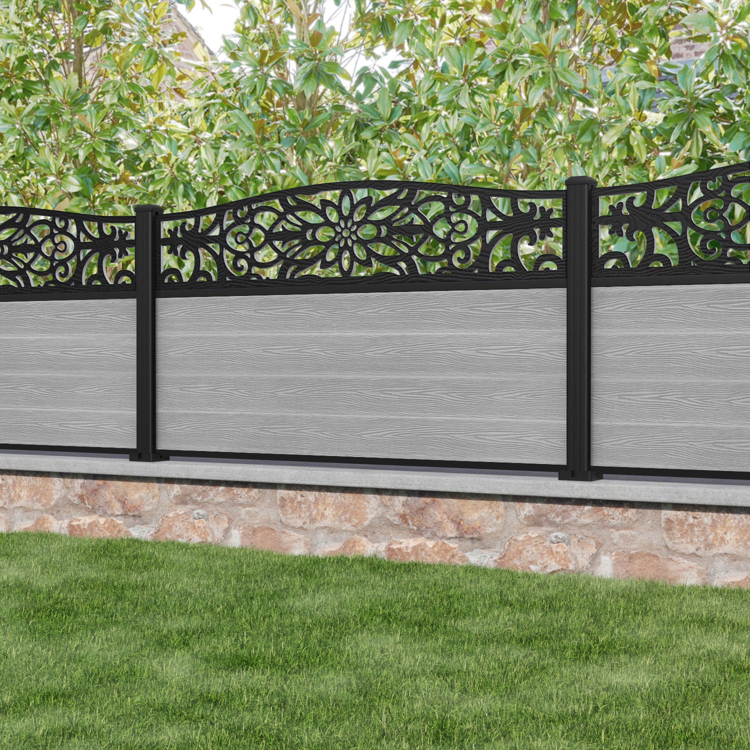 Classic Windsor Curved Top Fence Panel - Light Grey - with our aluminium posts