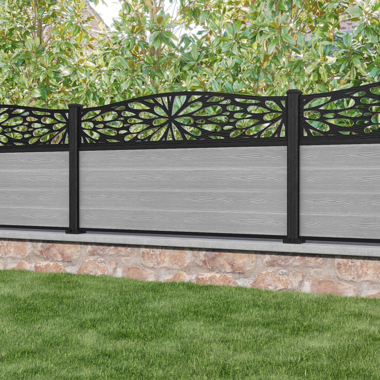 Classic Blossom Curved Top Fence Panel - Light Grey - with our composite posts