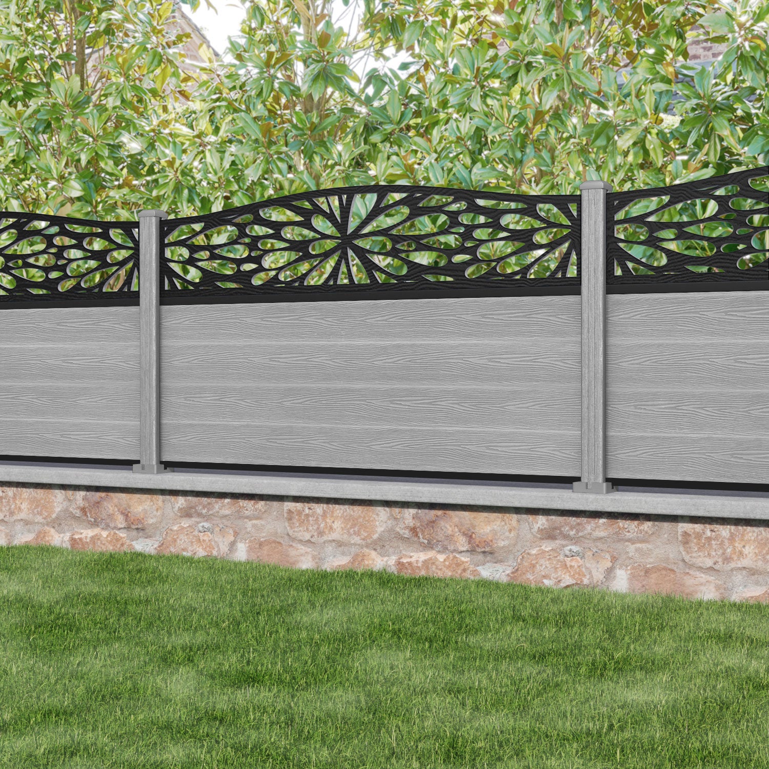 Classic Blossom Curved Top Fence Panel - Light Grey - with our composite posts