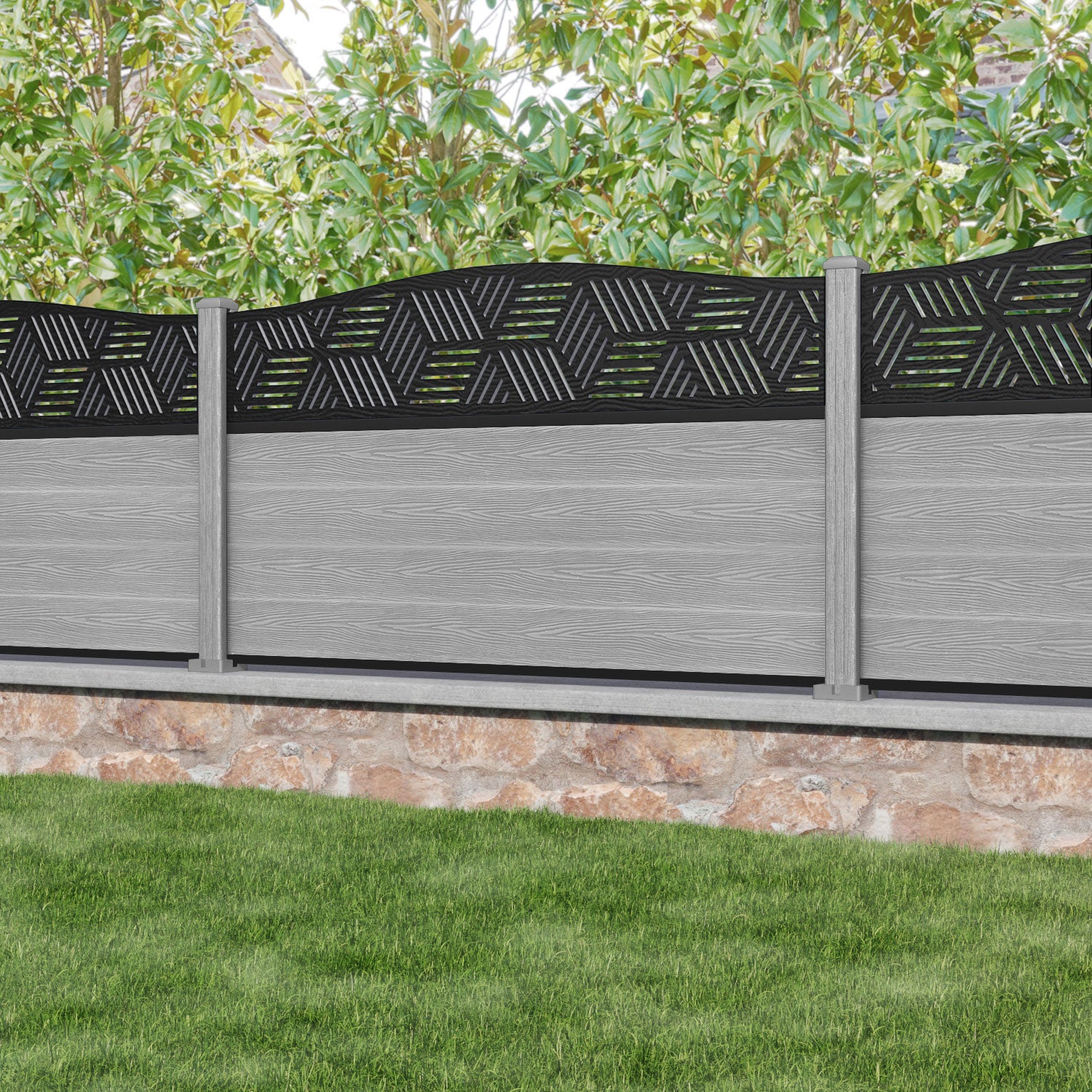 Classic Cubed Curved Top Fence Panel - Light Grey - with our composite posts