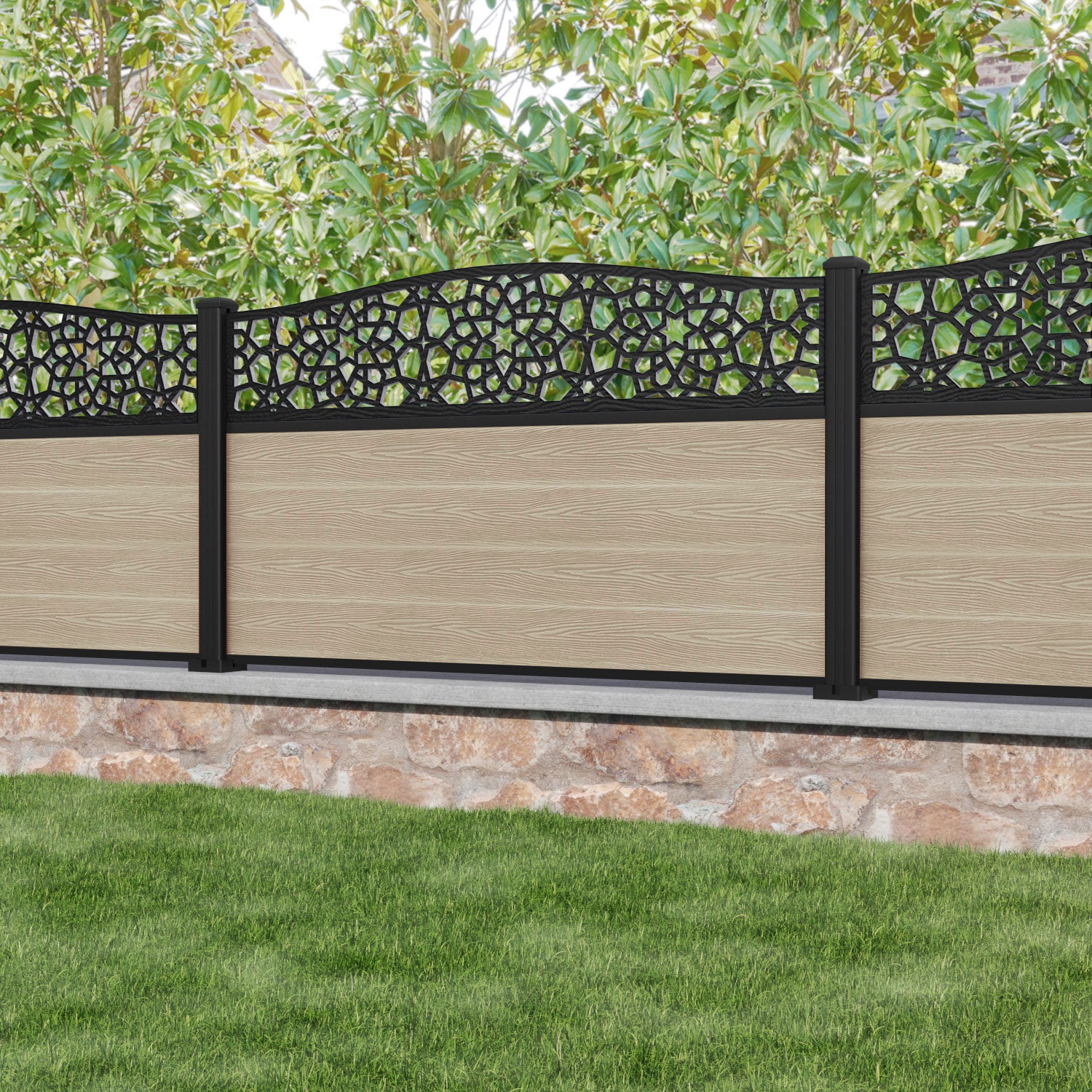 Classic Nazira Curved Top Fence Panel - Light Oak - with our aluminium posts
