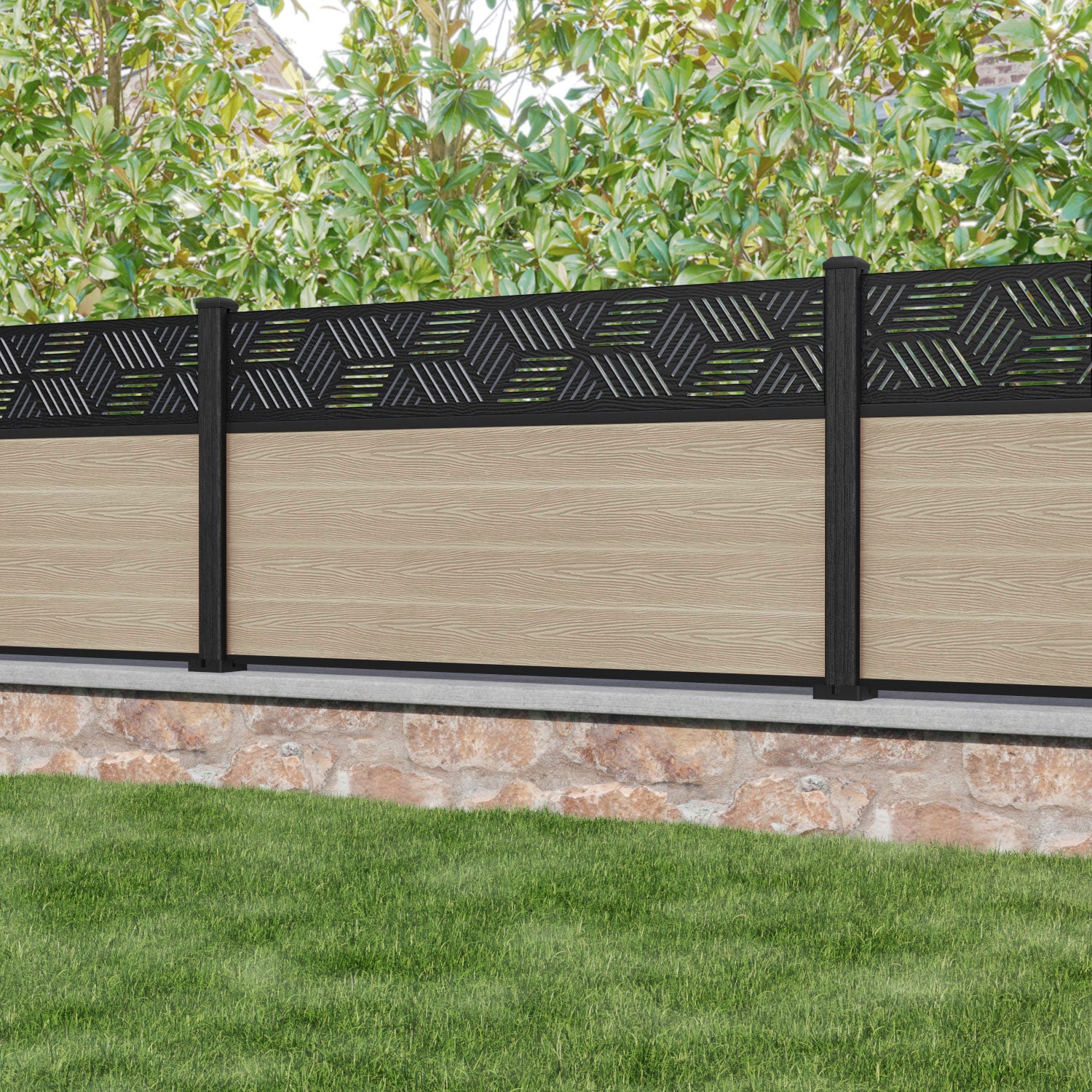 Classic Cubed Fence Panel - Light Oak - with our composite posts