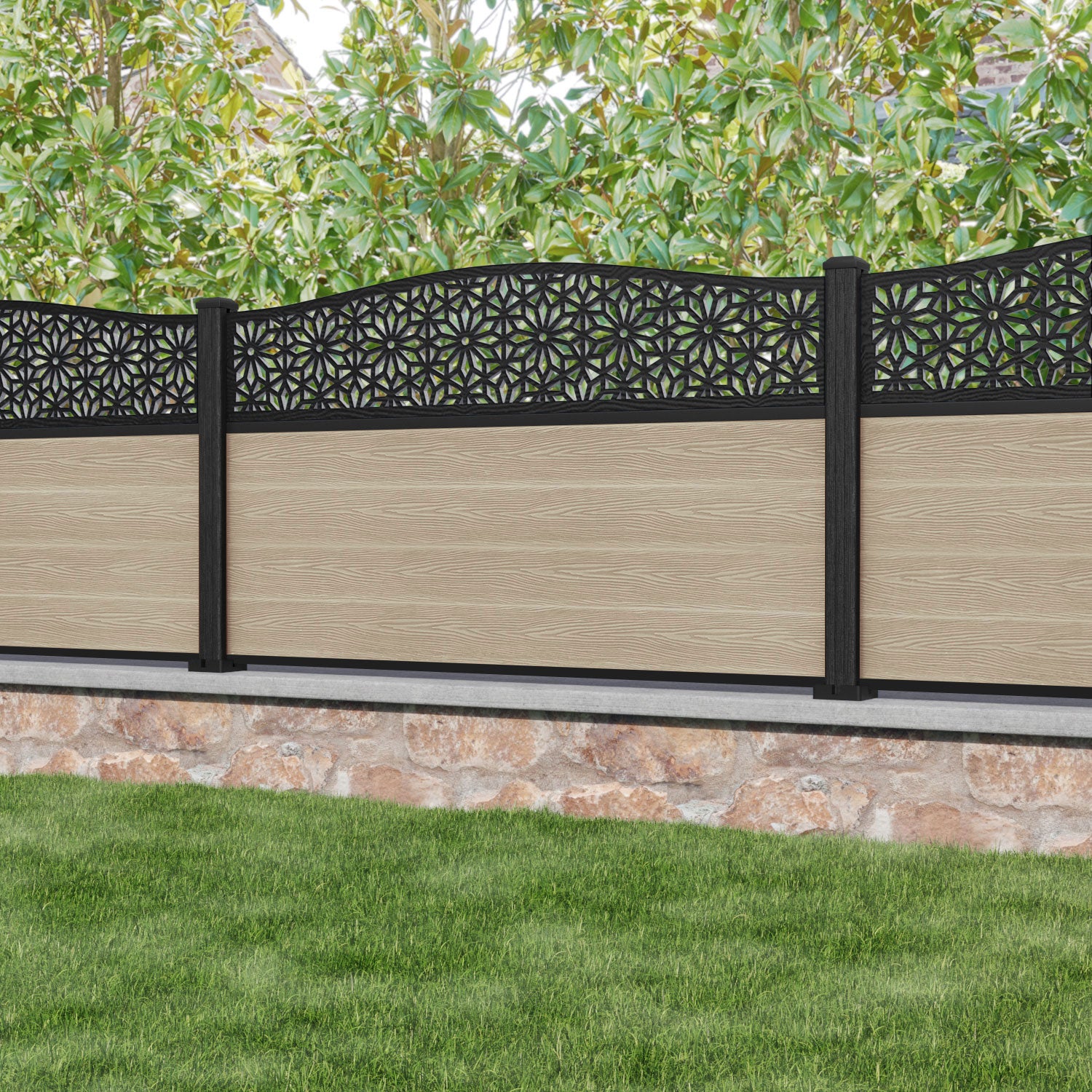 Classic Narwa Curved Top Fence Panel - Light Oak - with our composite posts