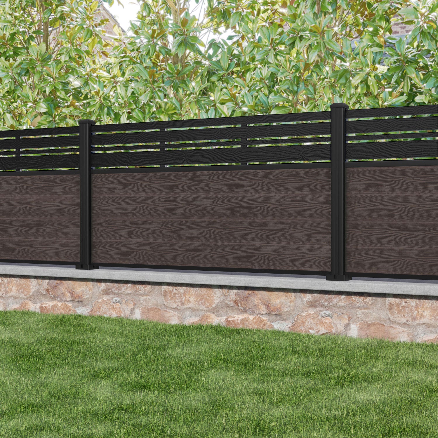 Classic Linea Fence Panel - Mid Brown - with our aluminium posts