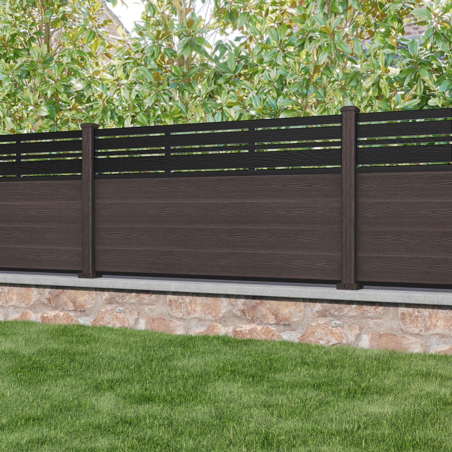 Classic Linea Fence Panel - Mid Brown - with our composite posts