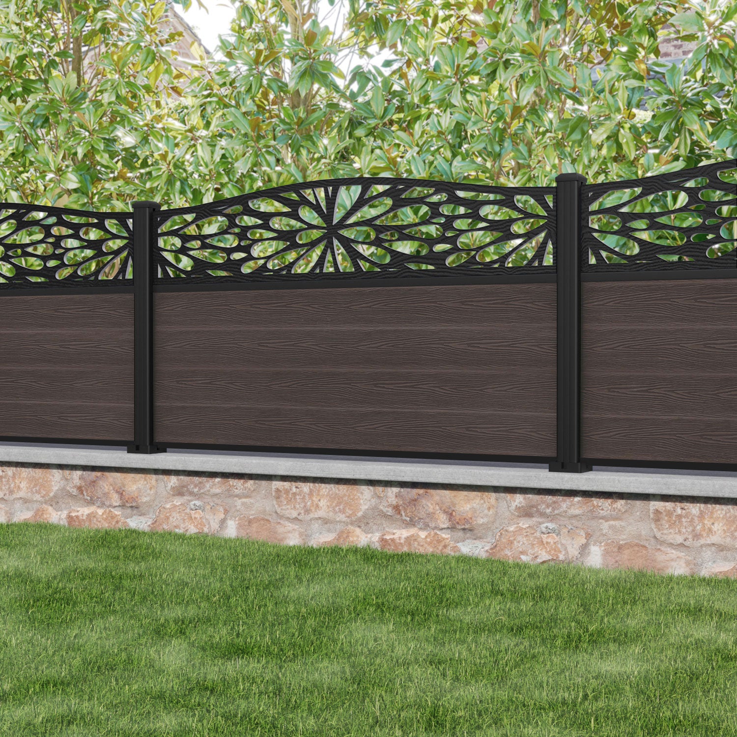 Classic Blossom Curved Top Fence Panel - Mid Brown - with our aluminium posts