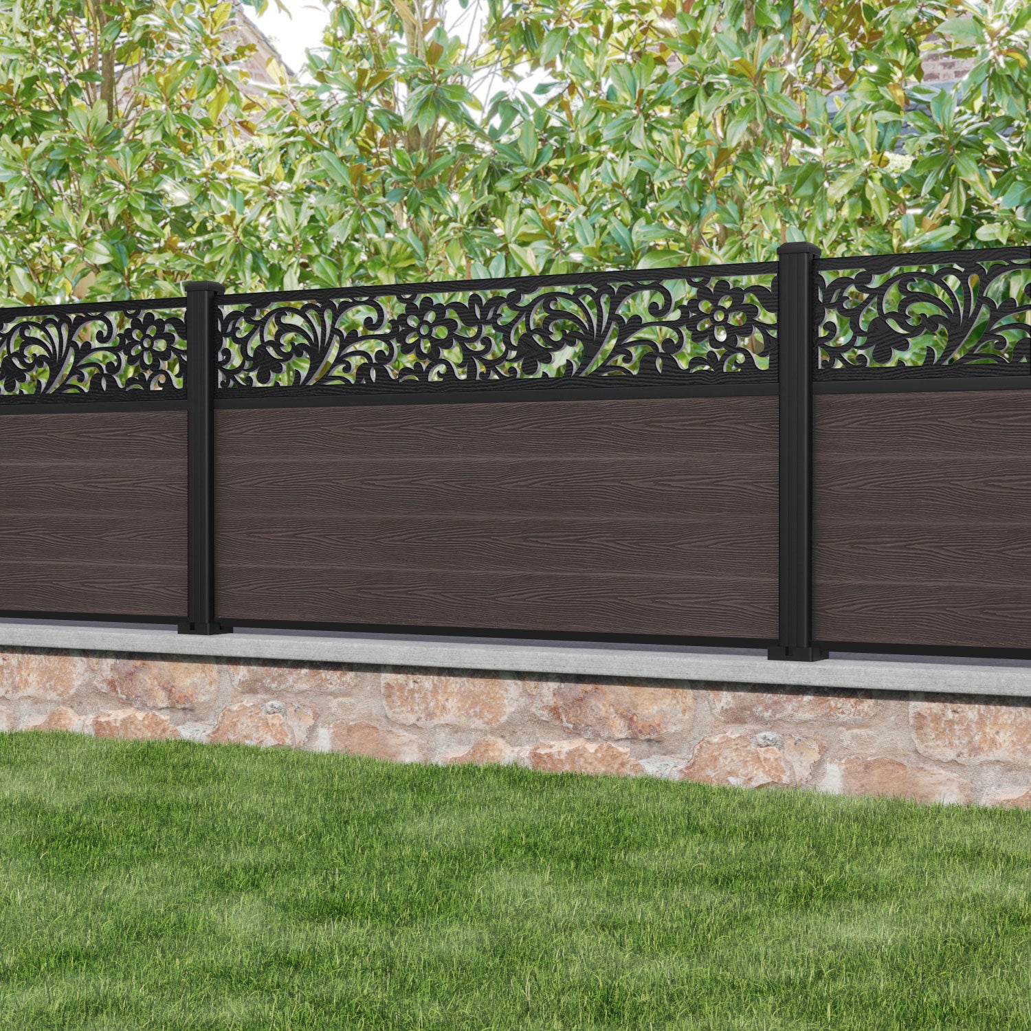 Classic Eden Fence Panel - Mid Brown - with our aluminium posts