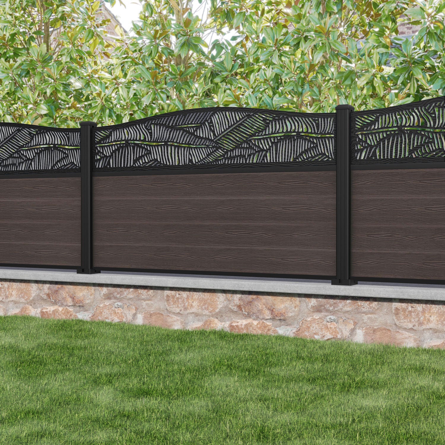 Classic Feather Curved Top Fence Panel - Mid Brown - with our aluminium posts