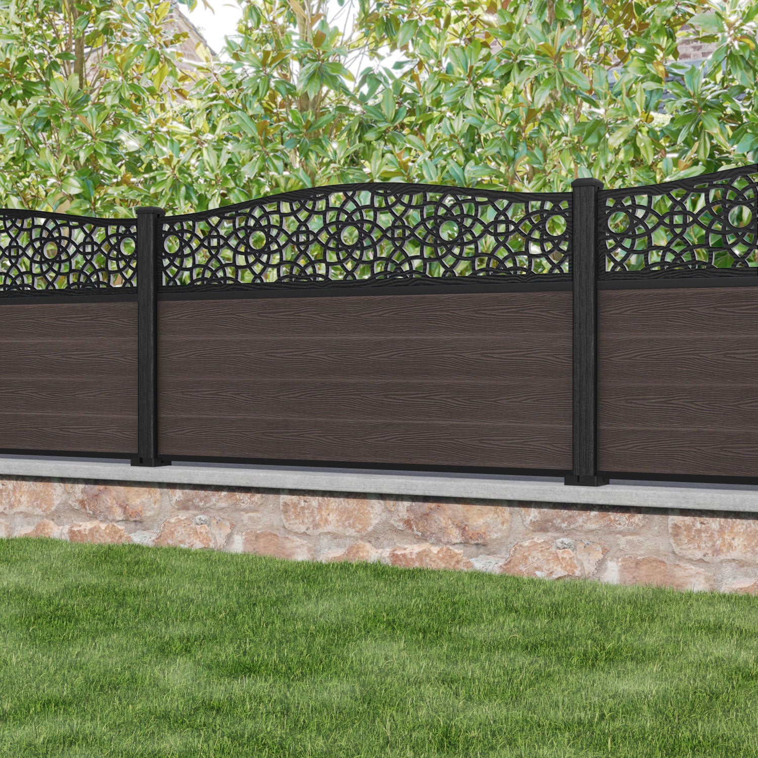 Classic Ambar Curved Top Fence Panel - Mid Brown - with our composite posts