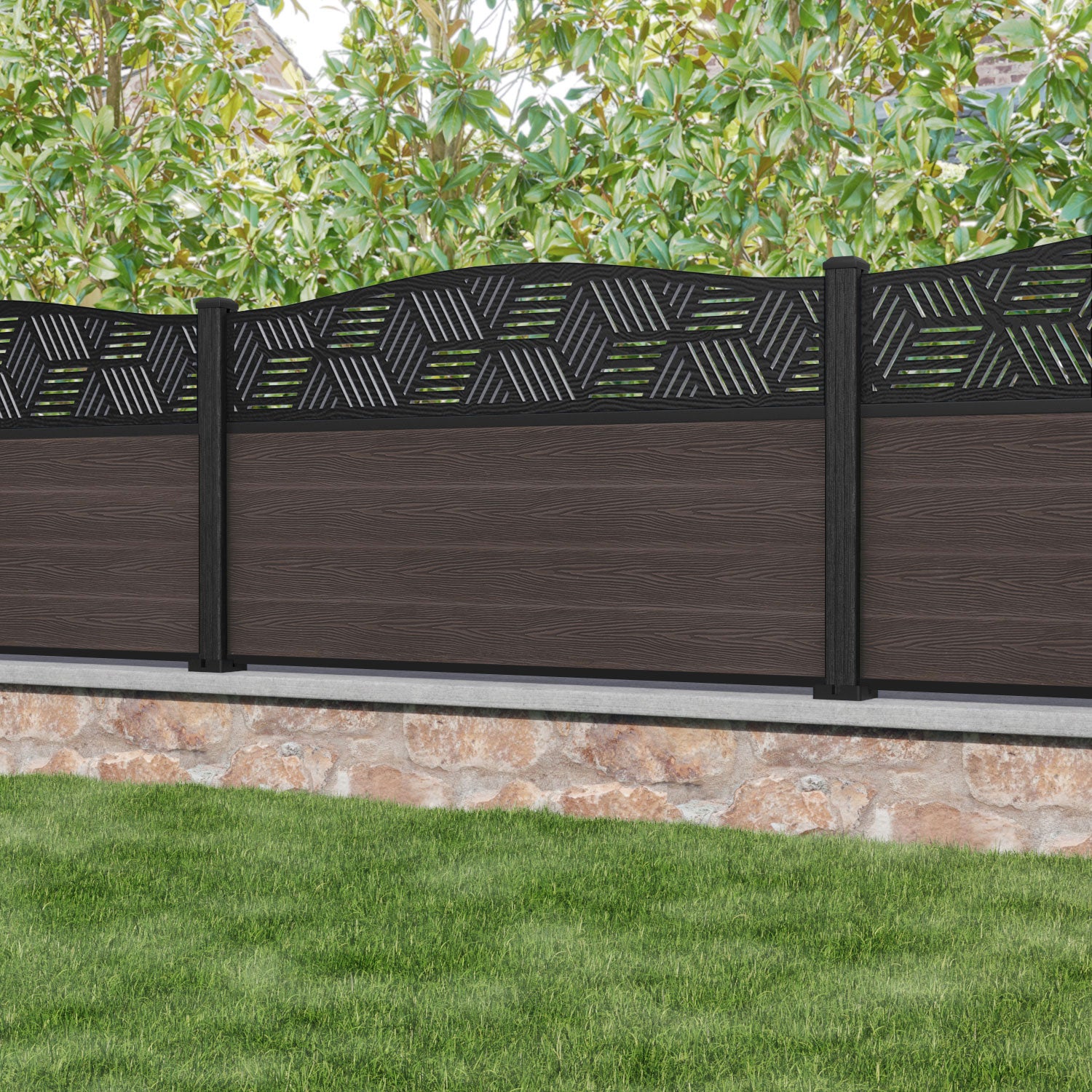 Classic Cubed Curved Top Fence Panel - Mid Brown - with our composite posts