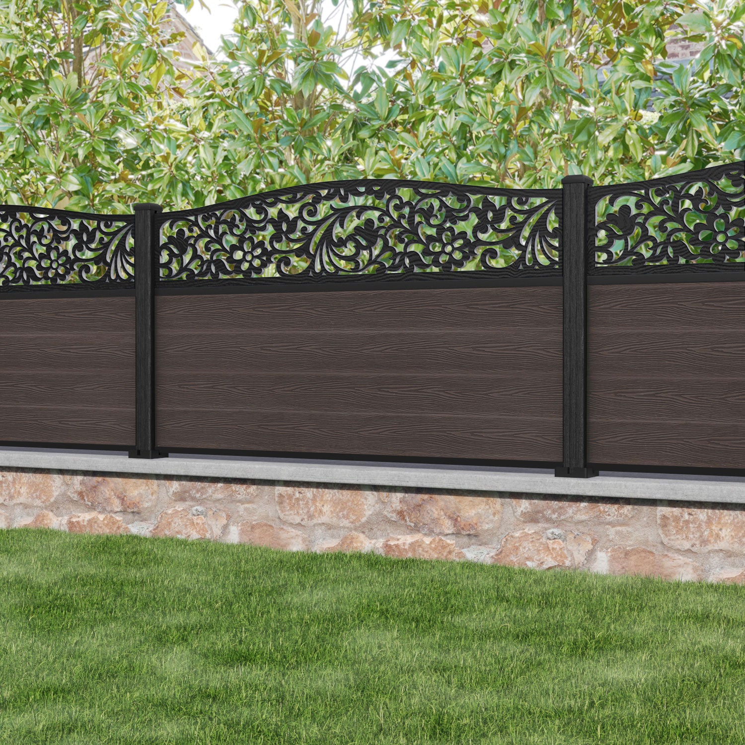 Classic Eden Curved Top Fence Panel - Mid Brown - with our composite posts