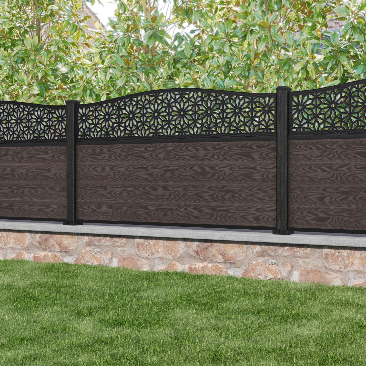 Classic Narwa Curved Top Fence Panel - Mid Brown - with our composite posts