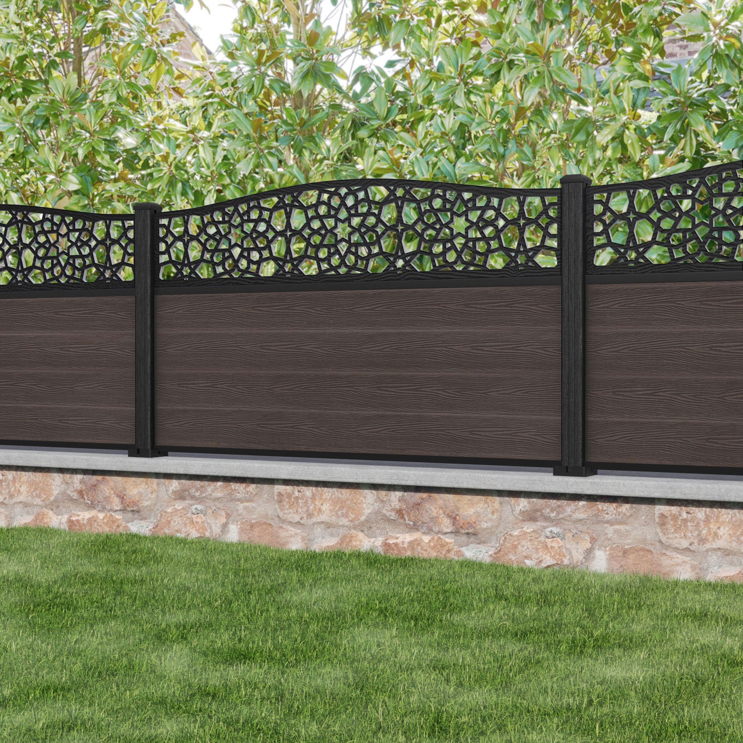 Classic Nazira Curved Top Fence Panel - Mid Brown - with our composite posts