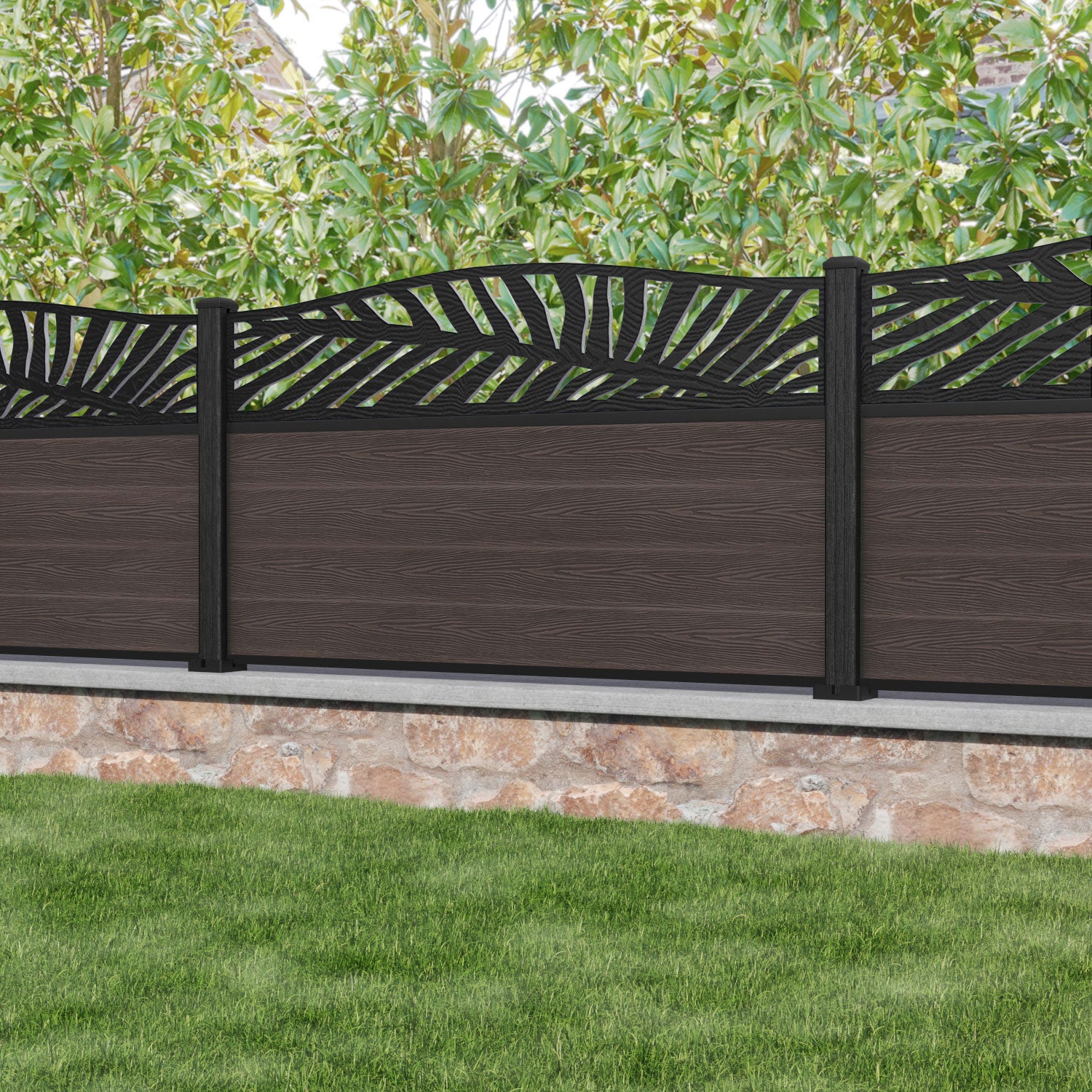 Classic Palm Curved Top Fence Panel - Mid Brown - with our composite posts