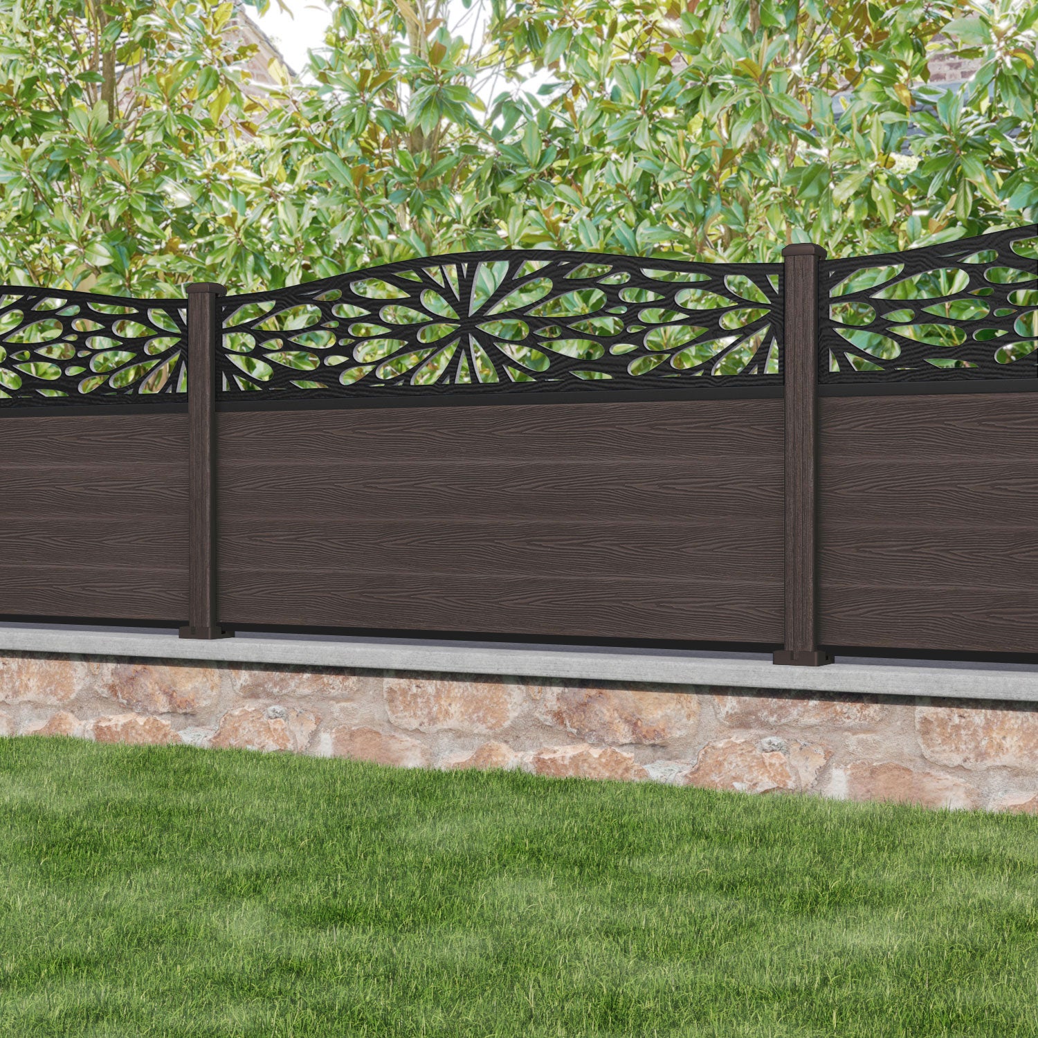 Classic Blossom Curved Top Fence Panel - Mid Brown - with our composite posts