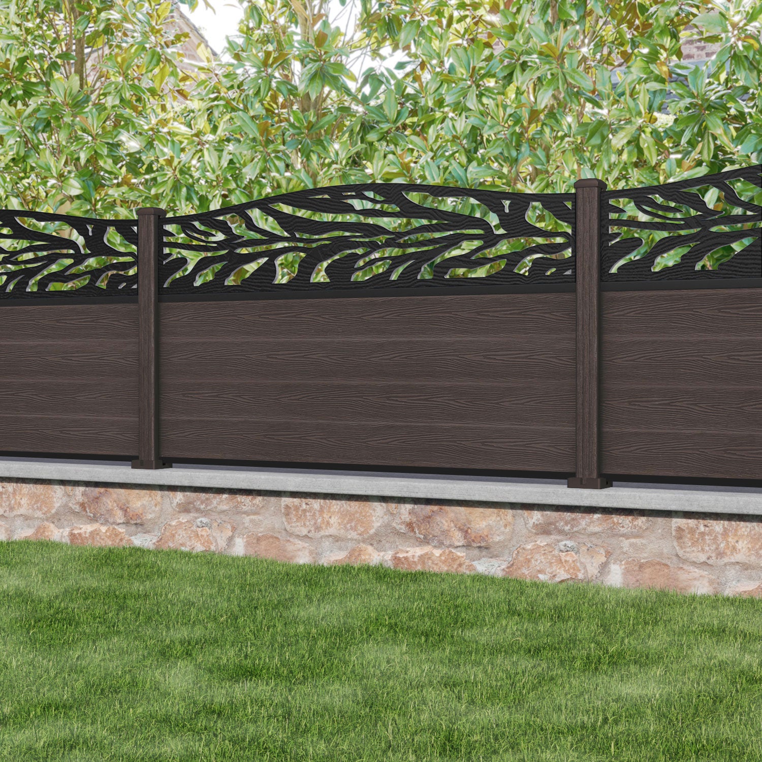 Classic Malawi Curved Top Fence Panel - Mid Brown - with our composite posts
