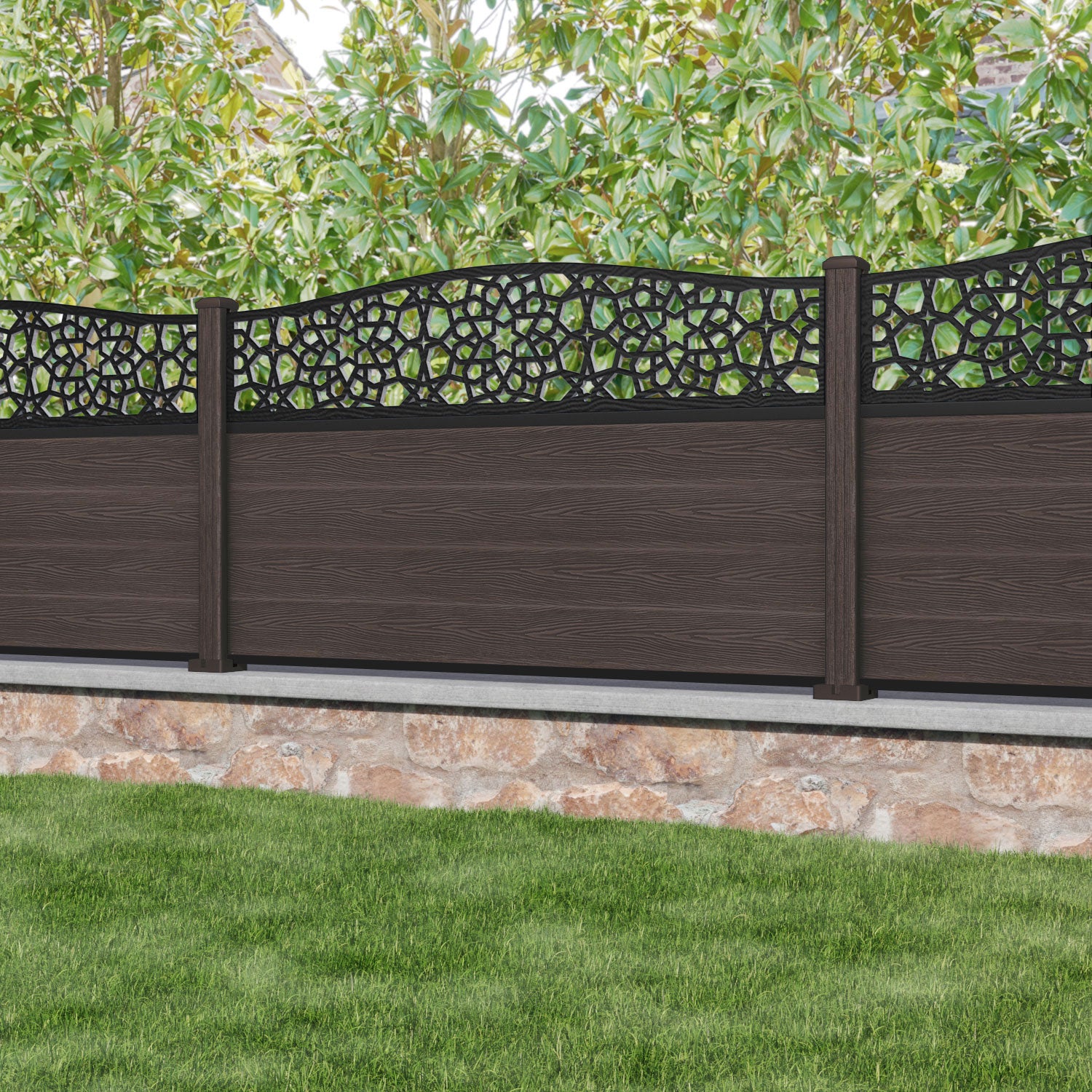 Classic Nazira Curved Top Fence Panel - Mid Brown - with our composite posts