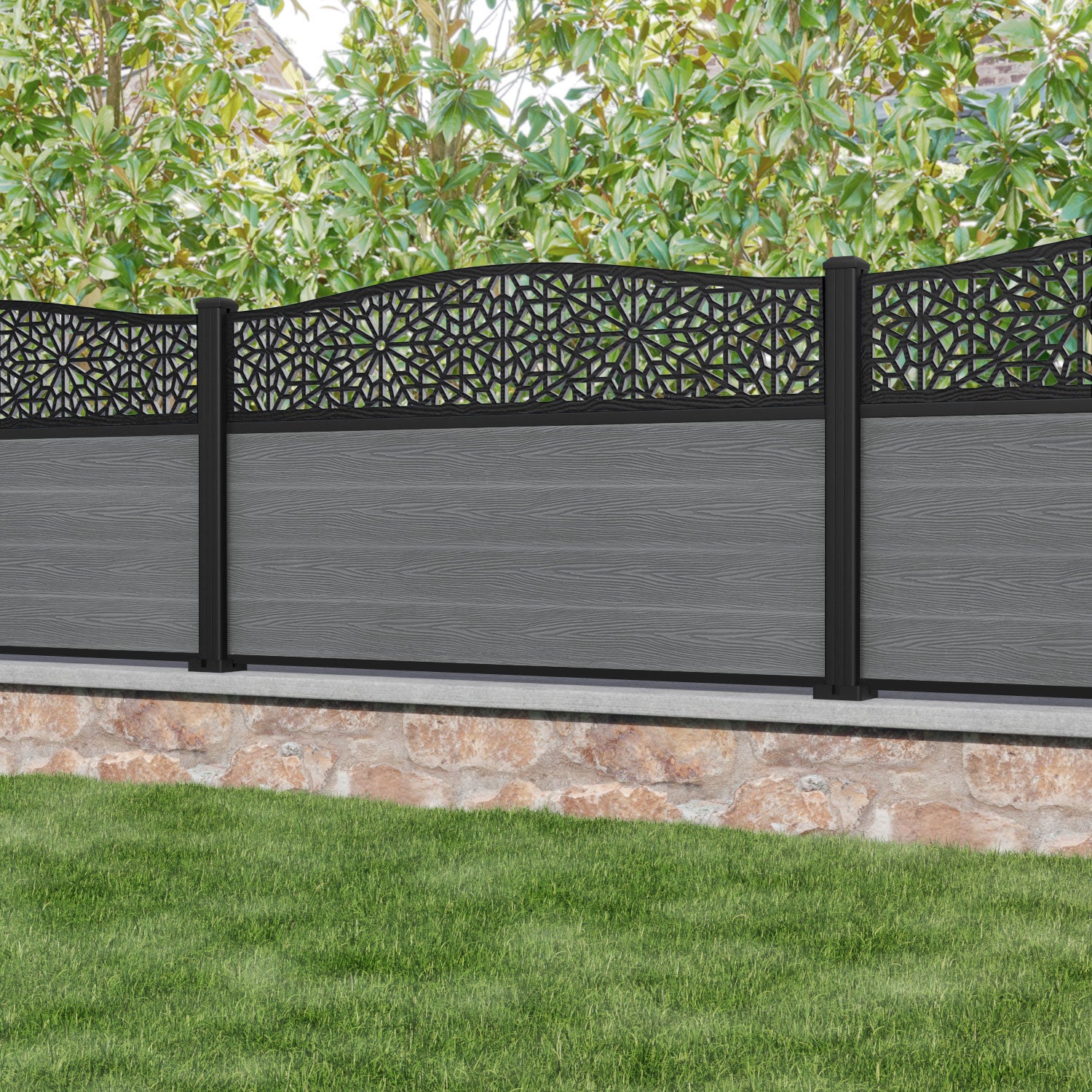Classic Alnara Curved Top Fence Panel - Mid Grey - with our aluminium posts