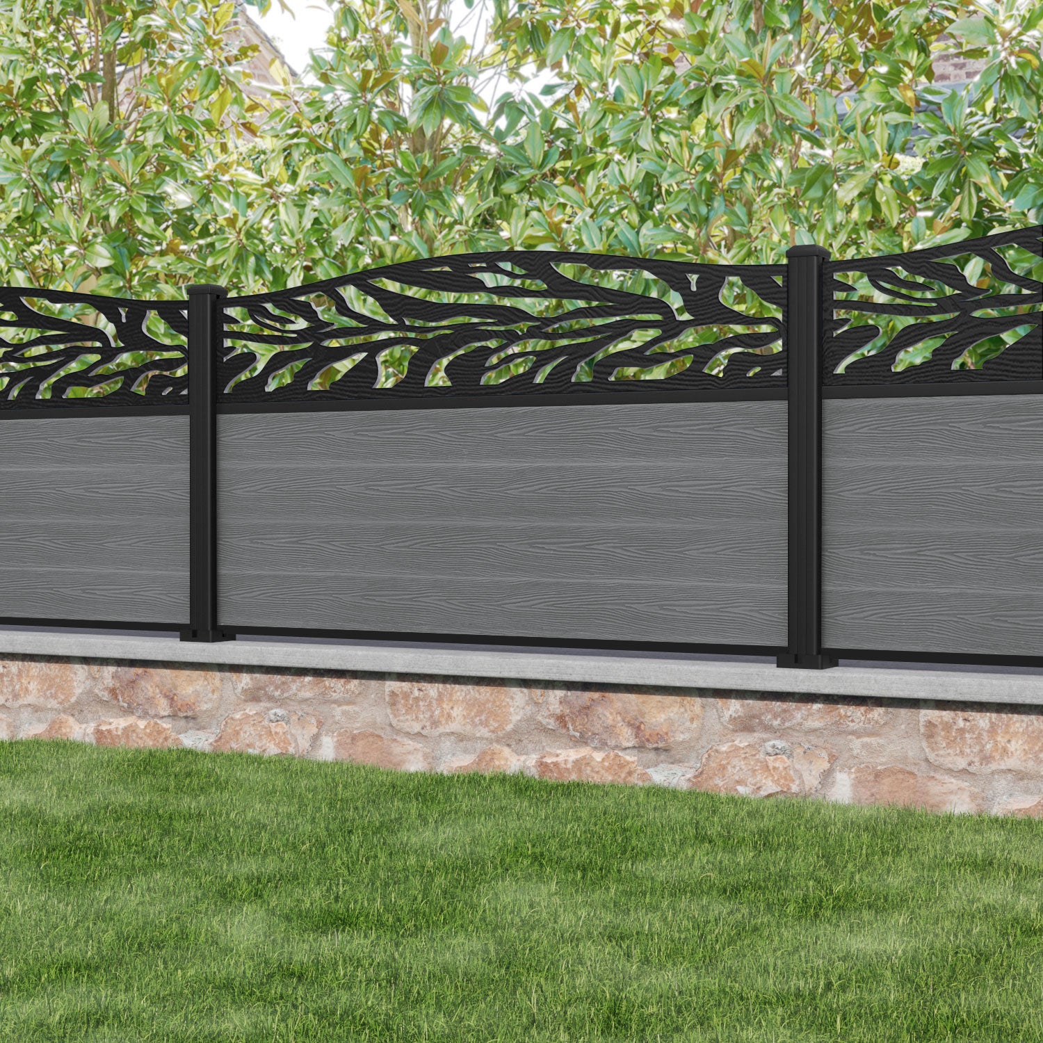 Classic Malawi Curved Top Fence Panel - Mid Grey - with our aluminium posts