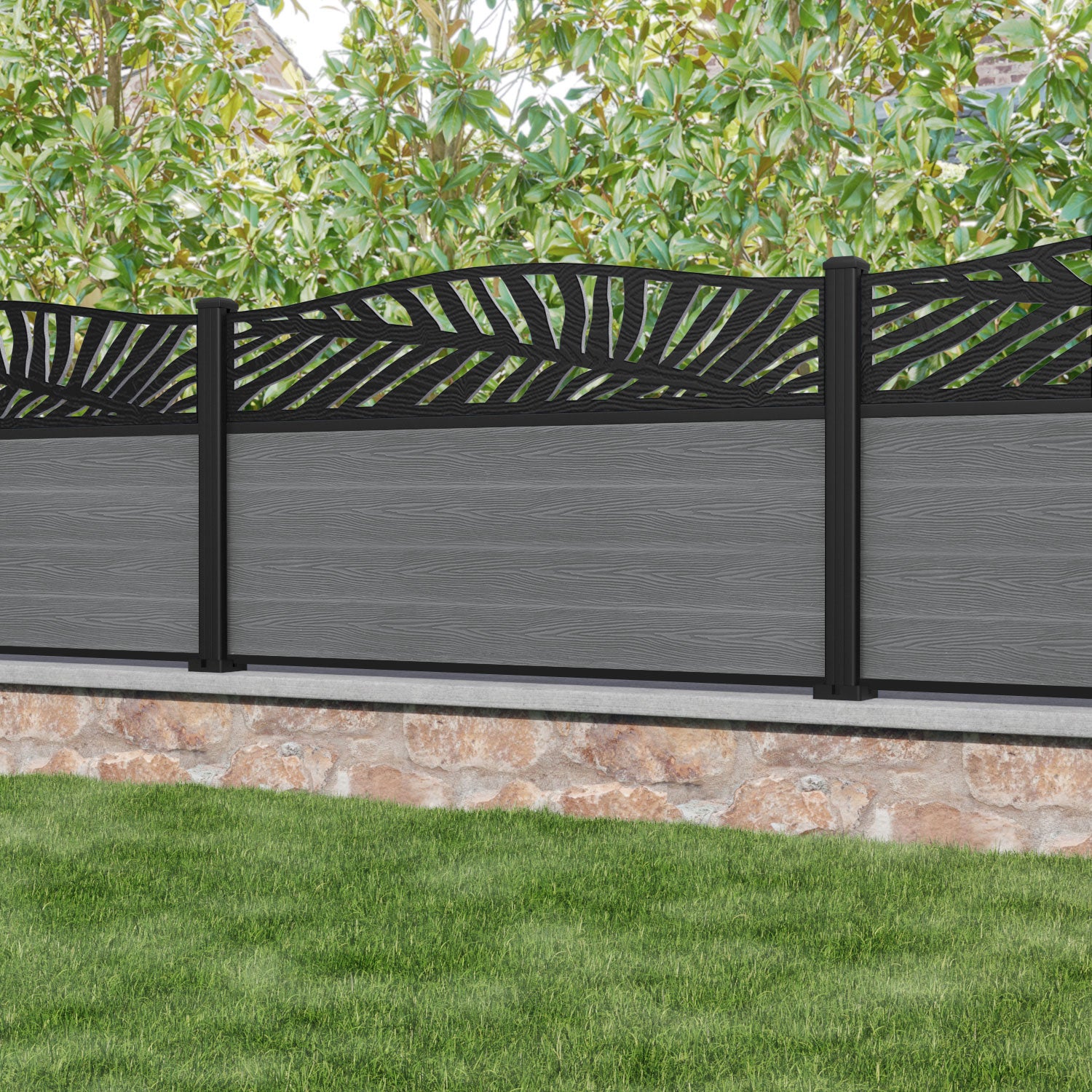 Classic Palm Curved Top Fence Panel - Mid Grey - with our aluminium posts