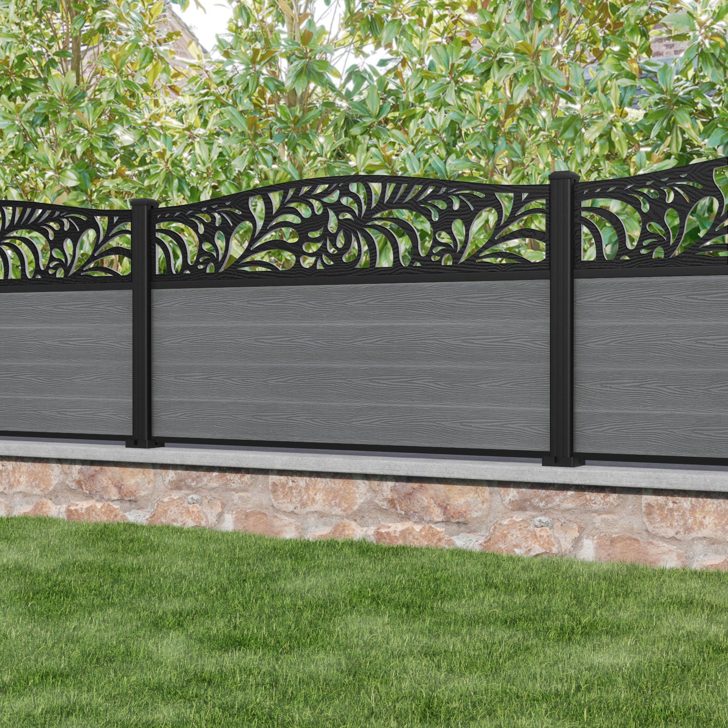 Classic Petal Curved Top Fence Panel - Mid Grey - with our aluminium posts