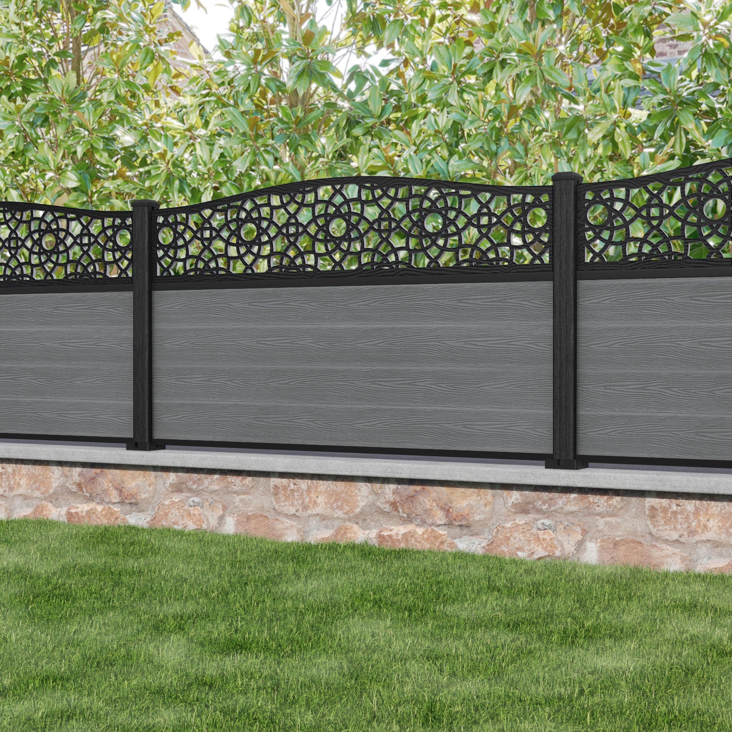 Classic Ambar Curved Top Fence Panel - Mid Grey - with our composite posts