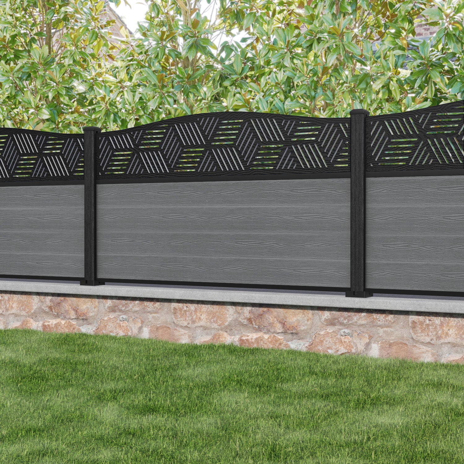 Classic Cubed Curved Top Fence Panel - Mid Grey - with our composite posts