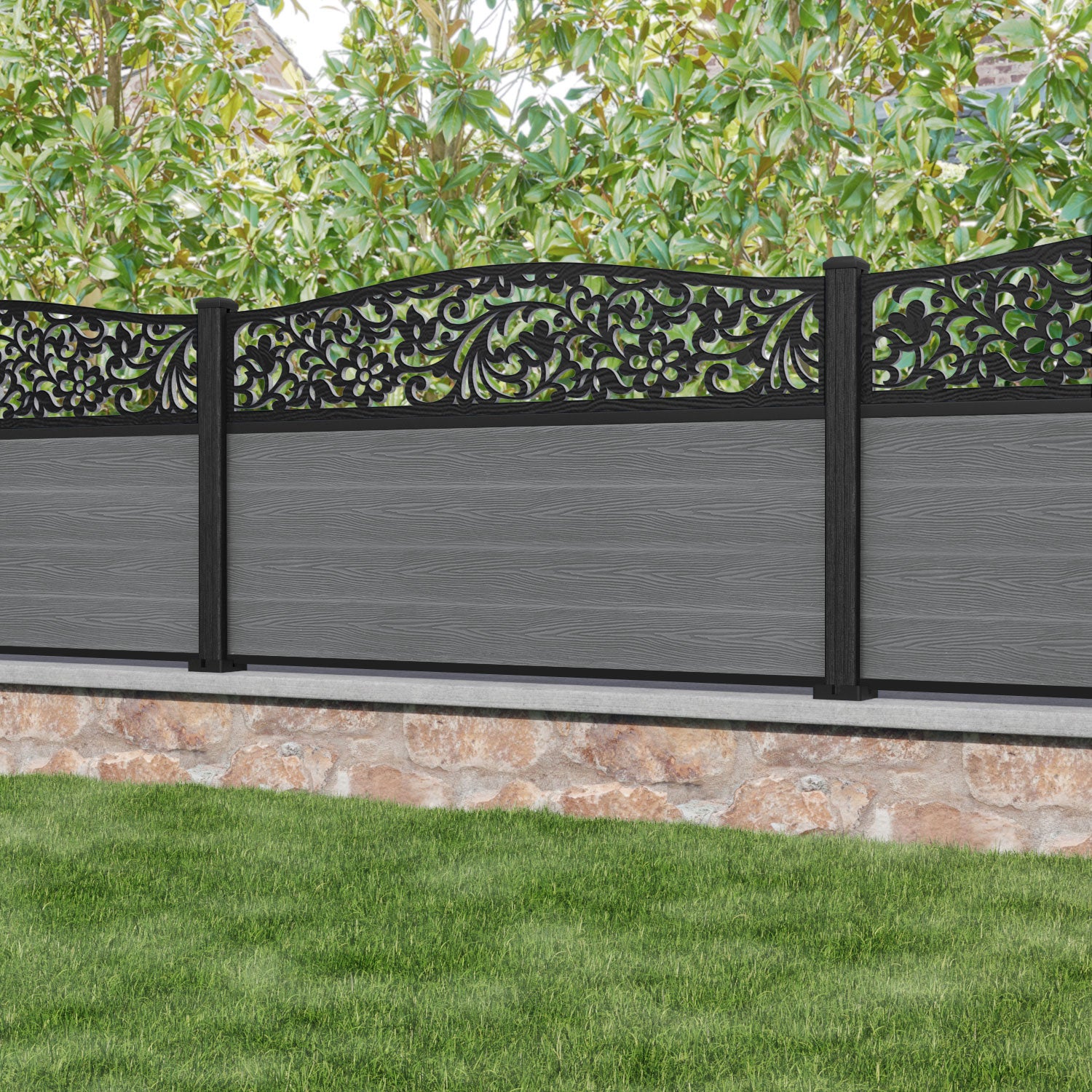 Classic Eden Curved Top Fence Panel - Mid Grey - with our composite posts