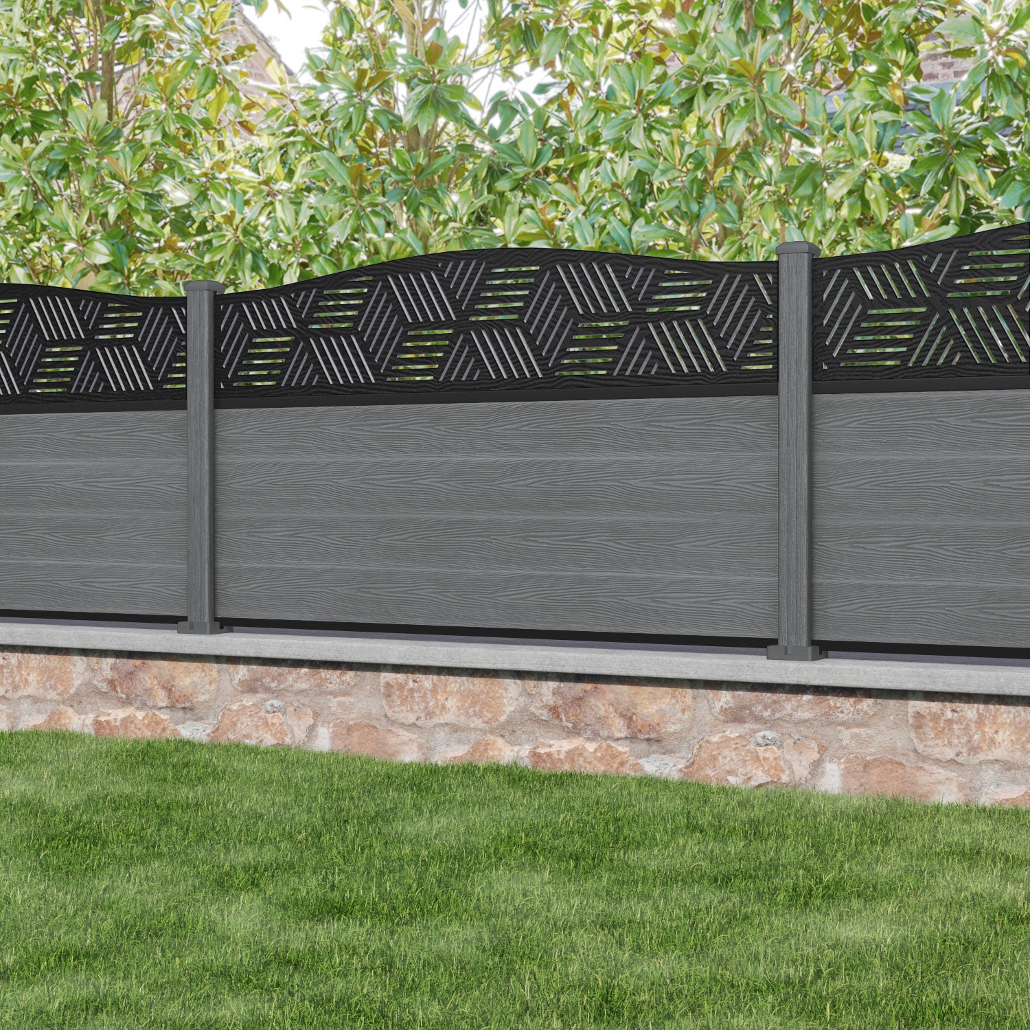 Classic Cubed Curved Top Fence Panel - Mid Grey - with our composite posts