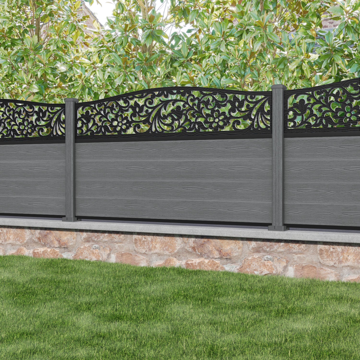 Classic Eden Curved Top Fence Panel - Mid Grey - with our composite posts