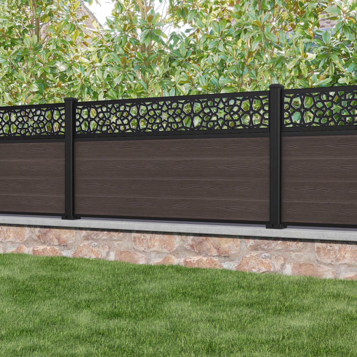 Classic Nazira Fence Panel - Mid Brown - with our aluminium posts