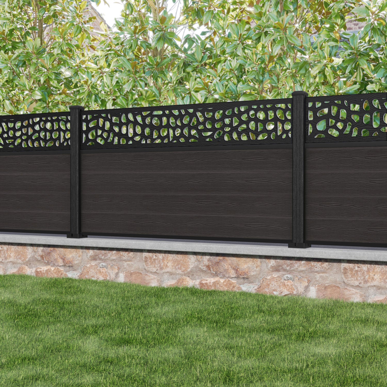 Classic Pebble Fence Panel - Dark Oak - with our composite posts