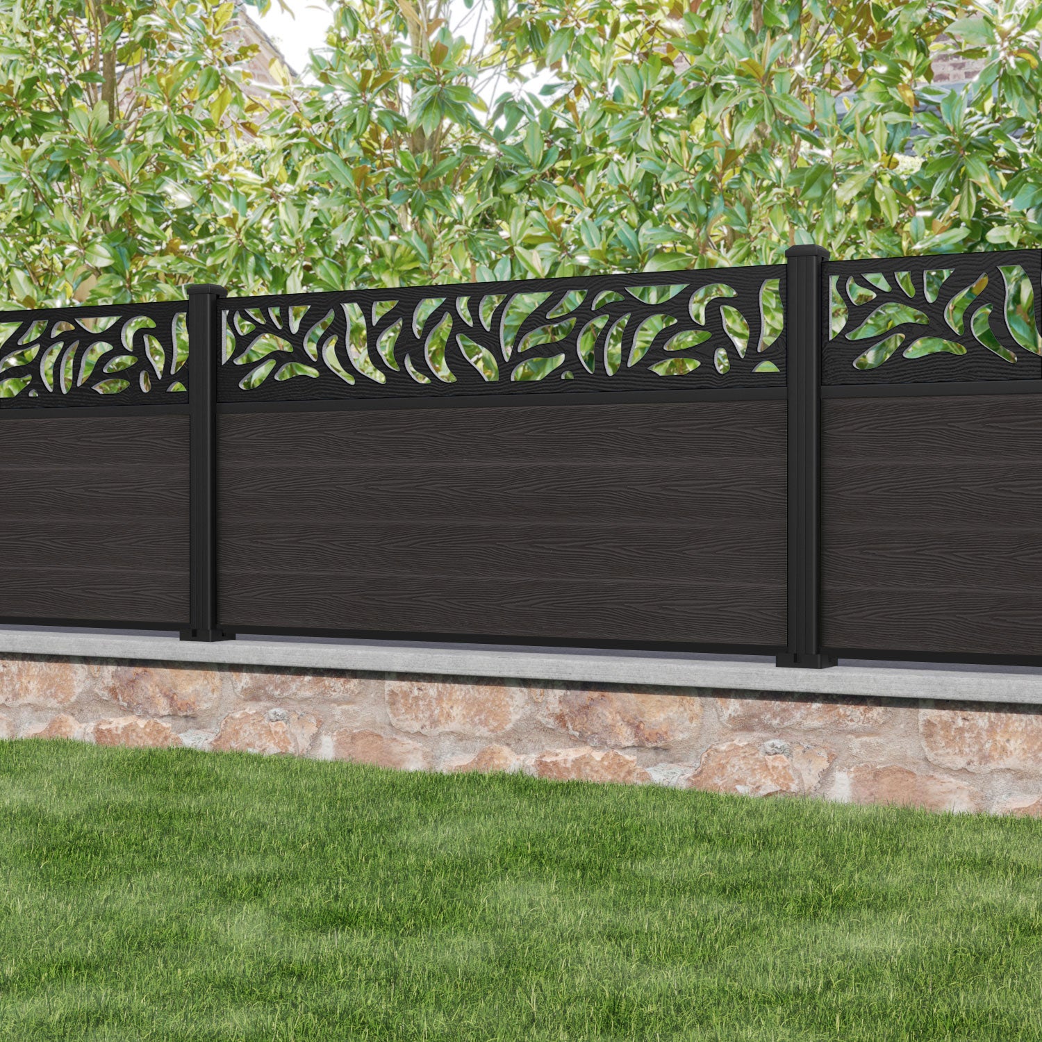 Classic Plume Fence Panel - Dark Oak - with our aluminium posts