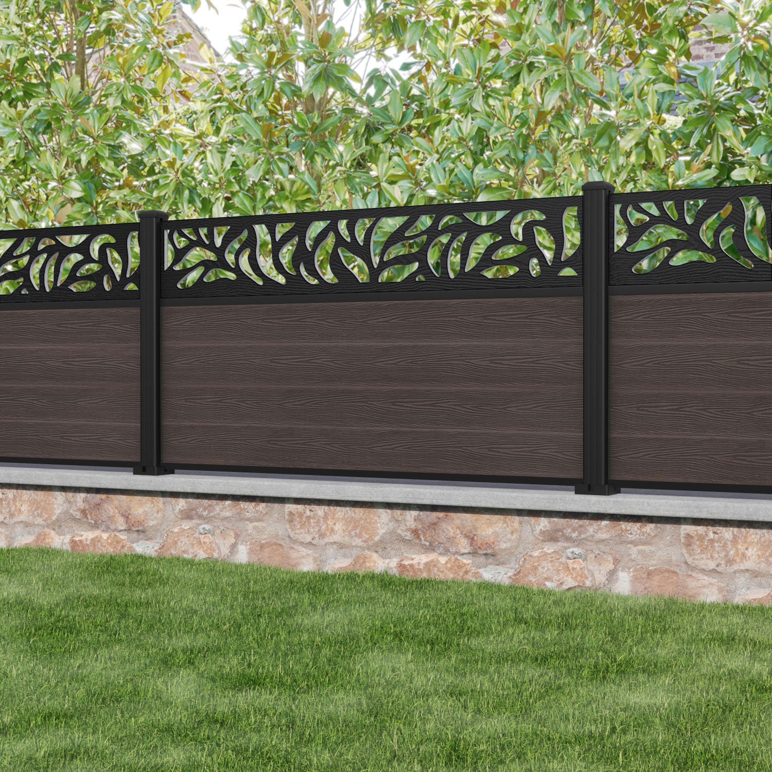 Classic Plume Fence Panel - Mid Brown - with our aluminium posts