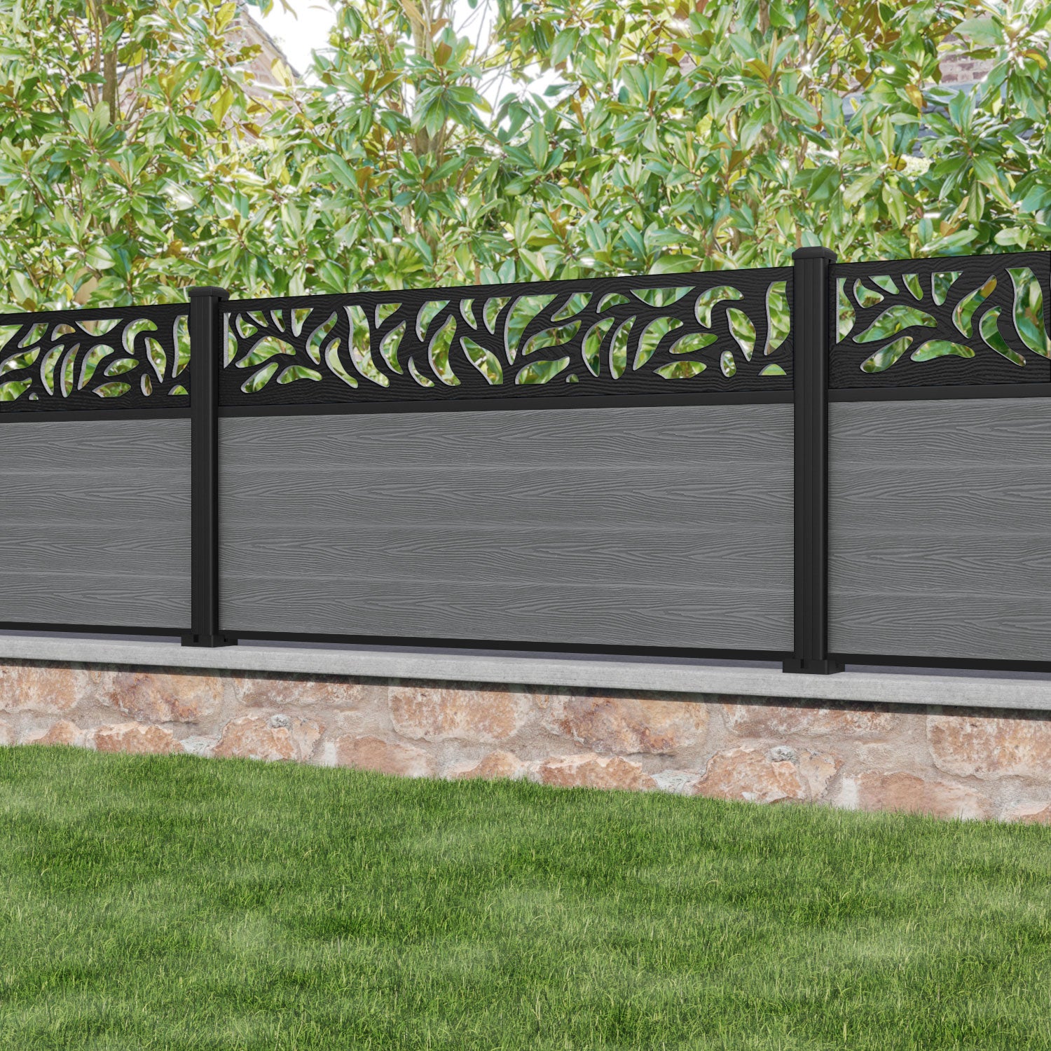 Classic Plume Fence Panel - Mid Grey - with our aluminium posts