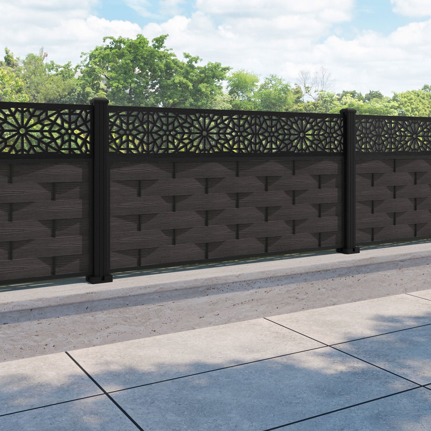 Ripple Alnara Fence Panel - Dark Oak - with our aluminium posts